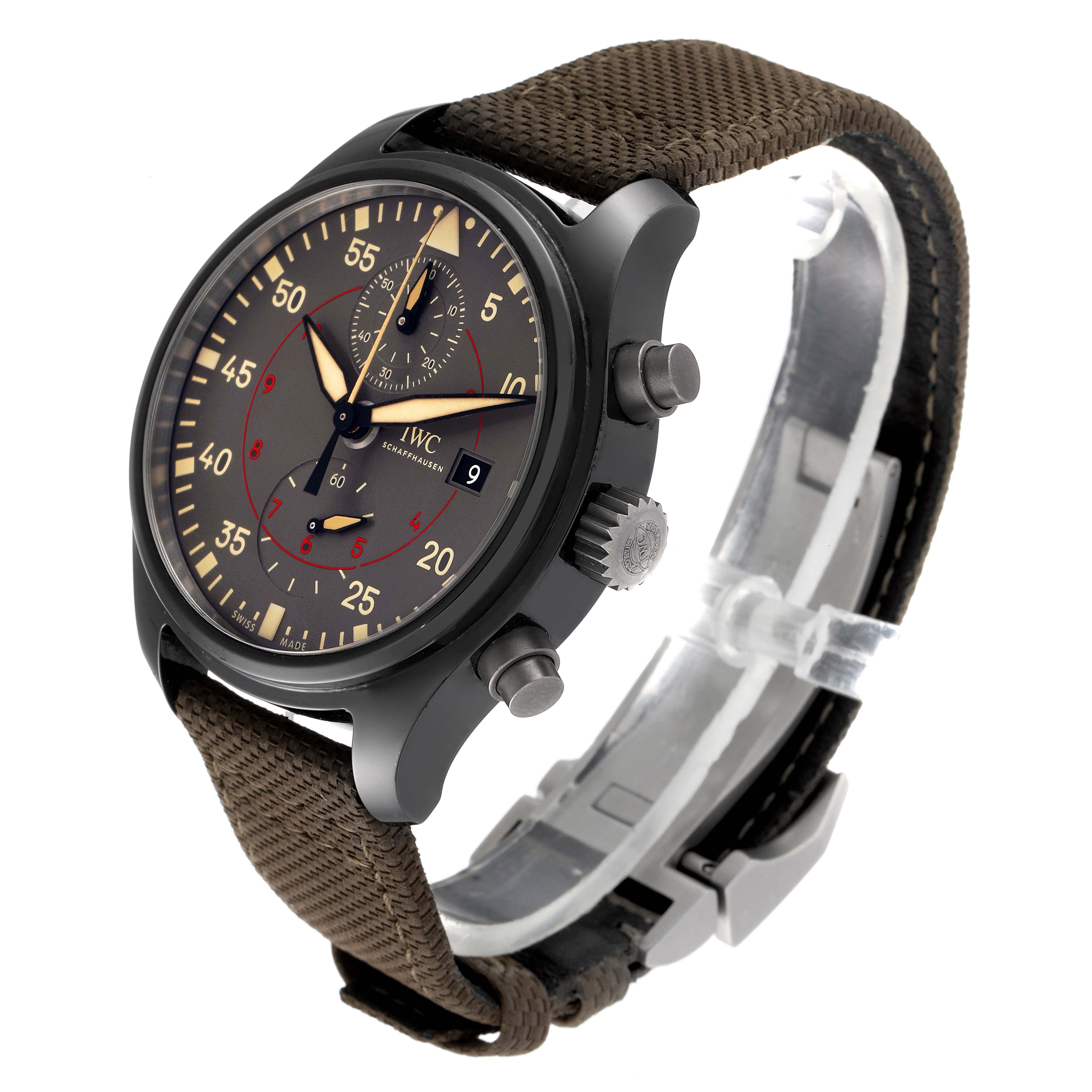 The image shows an angled view of the IWC Pilot IW389002 Men's Ceramic Black Dial IW389002 Men's Ceramic Black Dial model watch, highlighting the dial, case, crown, pushers, and strap.