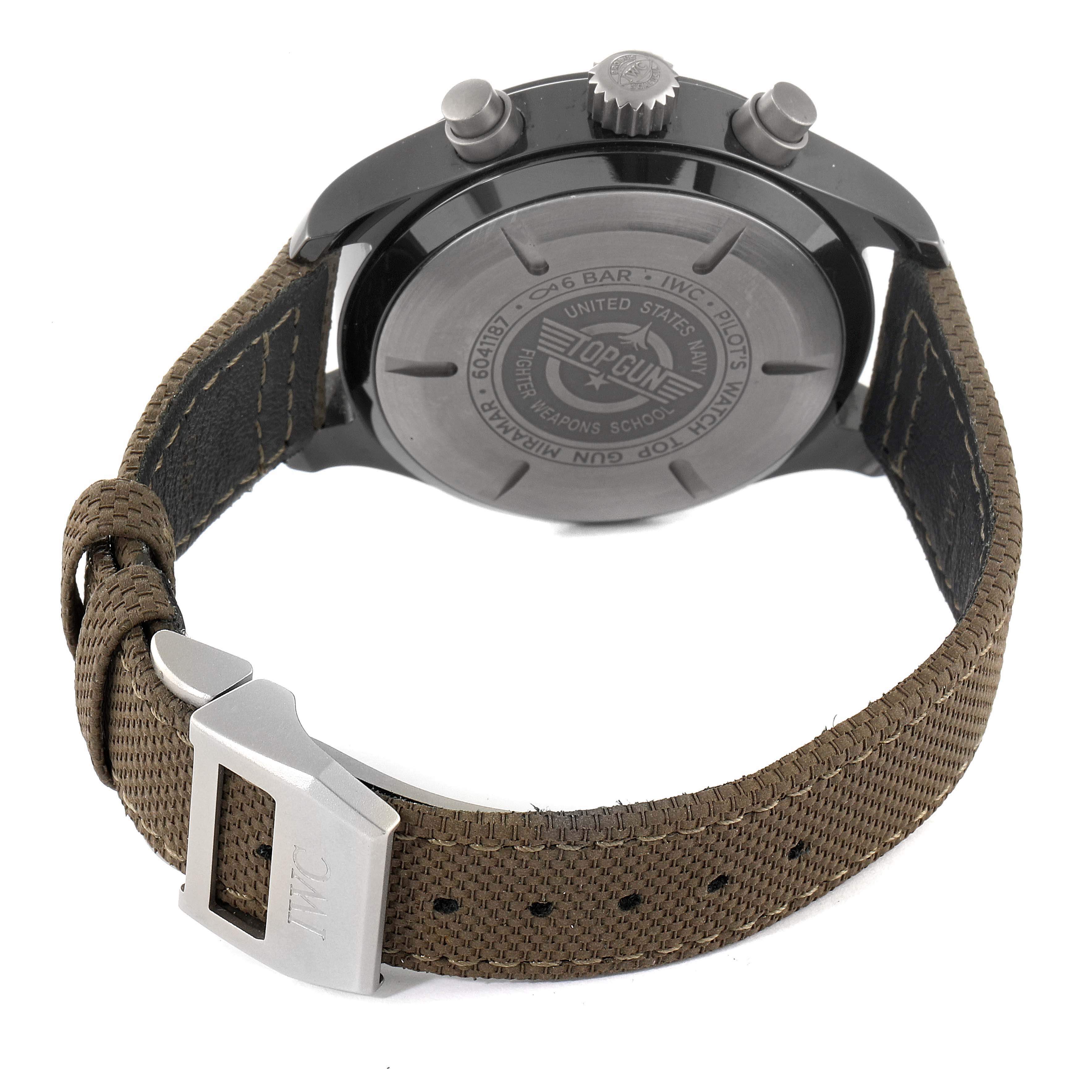 This image shows the back and strap of the IWC Pilot IW389002 Men's Ceramic Black Dial IW389002 Men's Ceramic Black Dial model, highlighting the engraving and buckle.