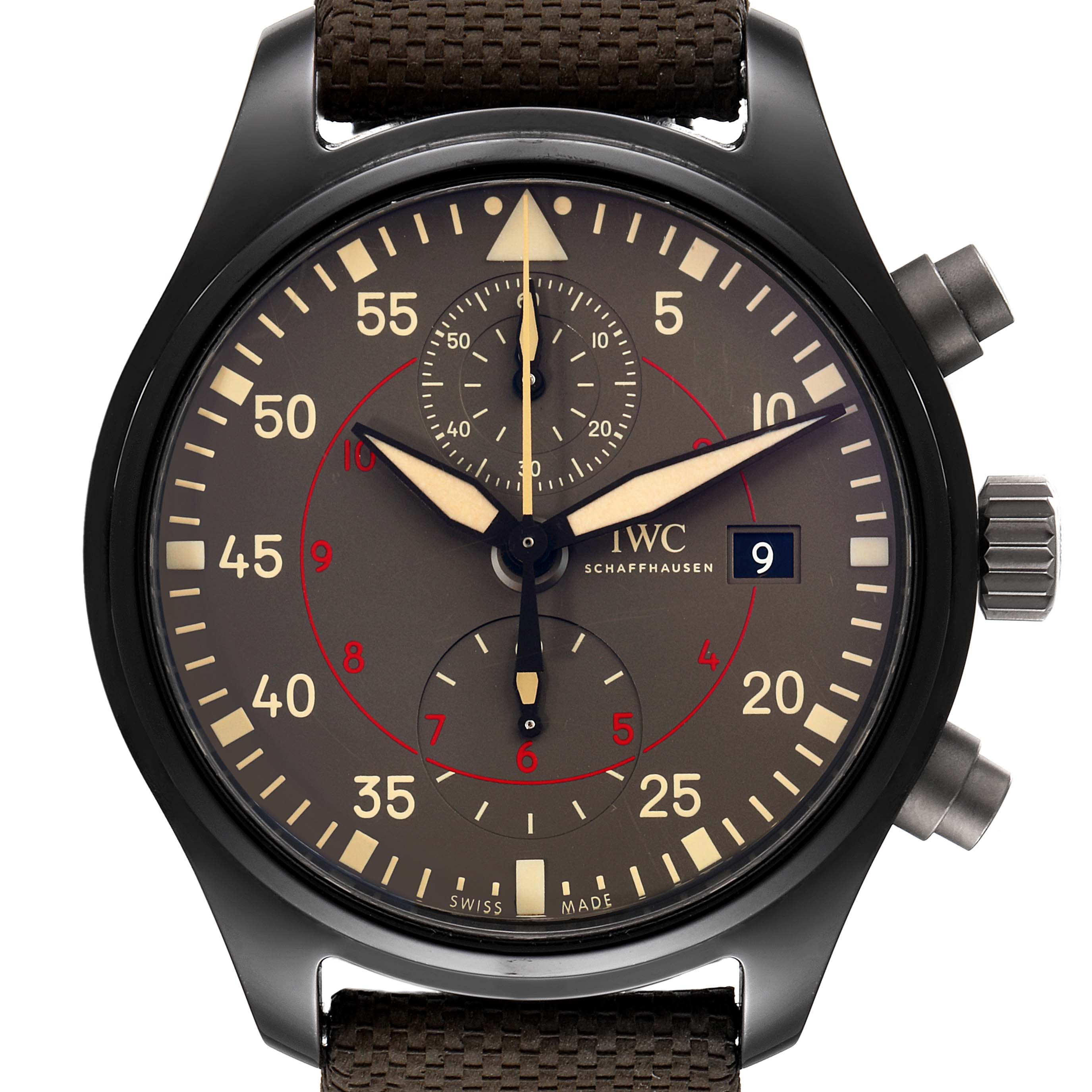 This image shows a front view of the IWC Pilot IW389002 Men's Ceramic Black Dial IW389002 Men's Ceramic Black Dial model watch, highlighting the dial, hour markers, hands, and pushers.