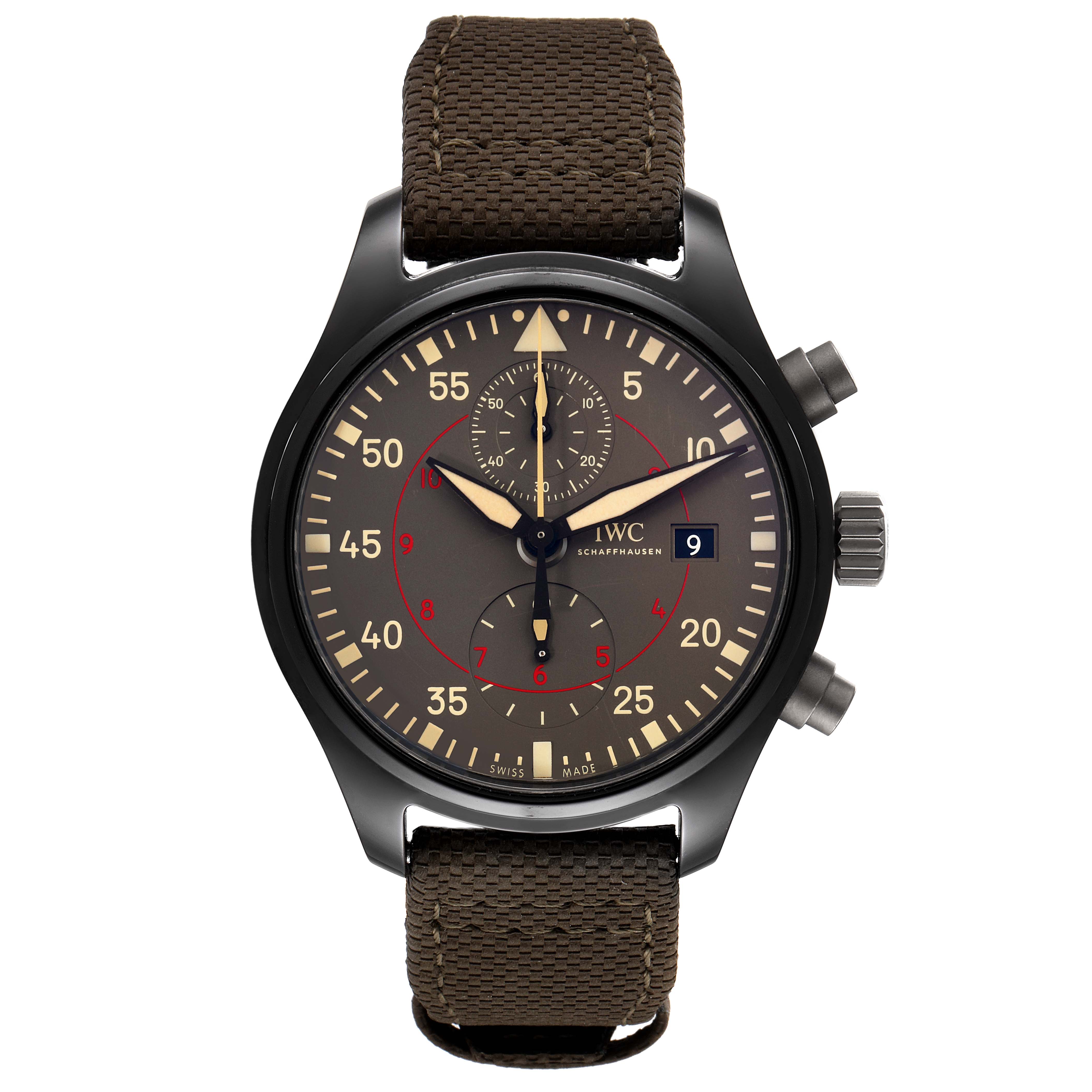 The IWC Pilot IW389002 Men's Ceramic Black Dial IW389002 Men's Ceramic Black Dial watch is shown from the front, displaying its dial, hour markers, and brown strap.