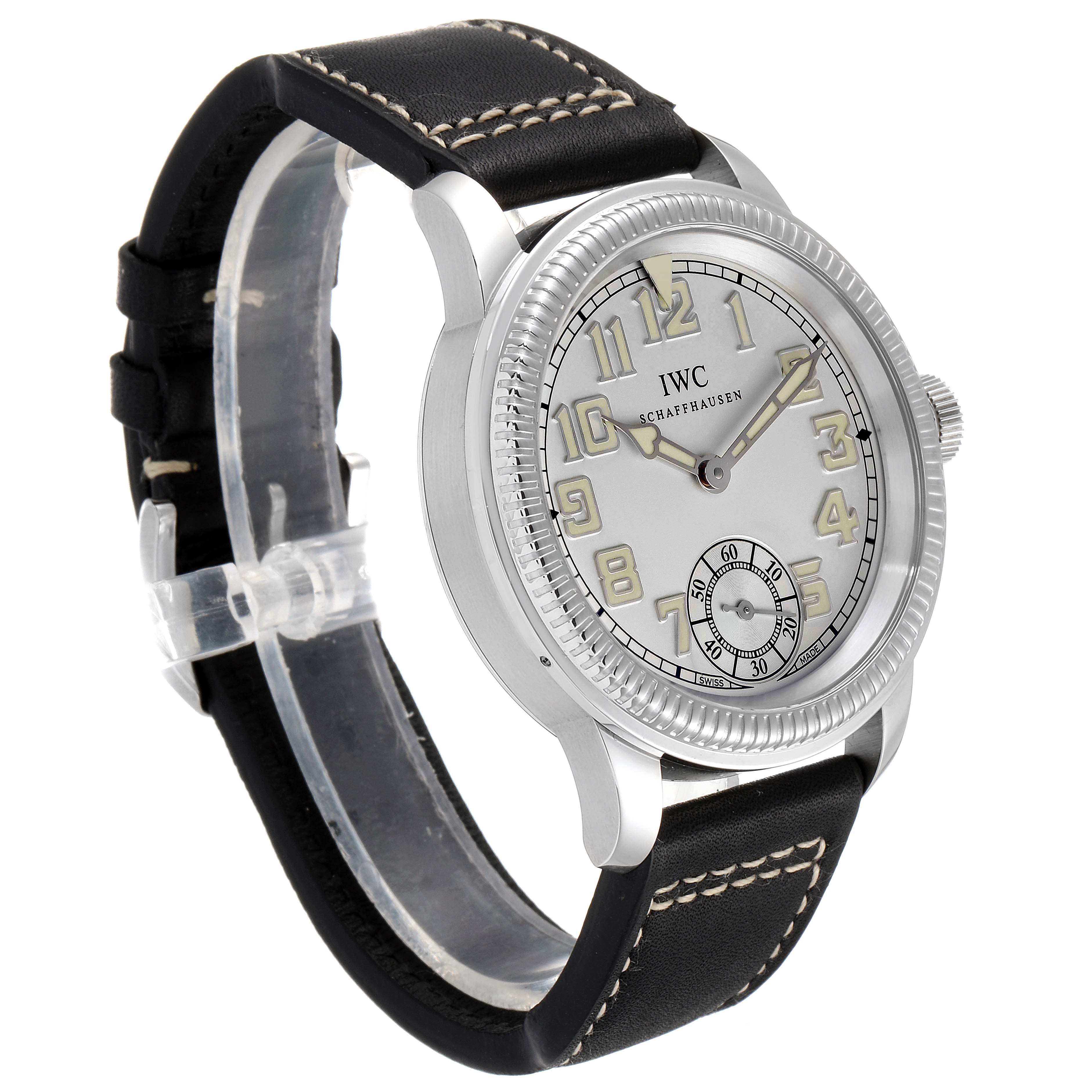 This is an angled view of an IWC Pilot IW325405 Men's Titanium Silver Dial IW325405 Men's Titanium Silver Dial model watch, showing the dial, bezel, crown, and strap.