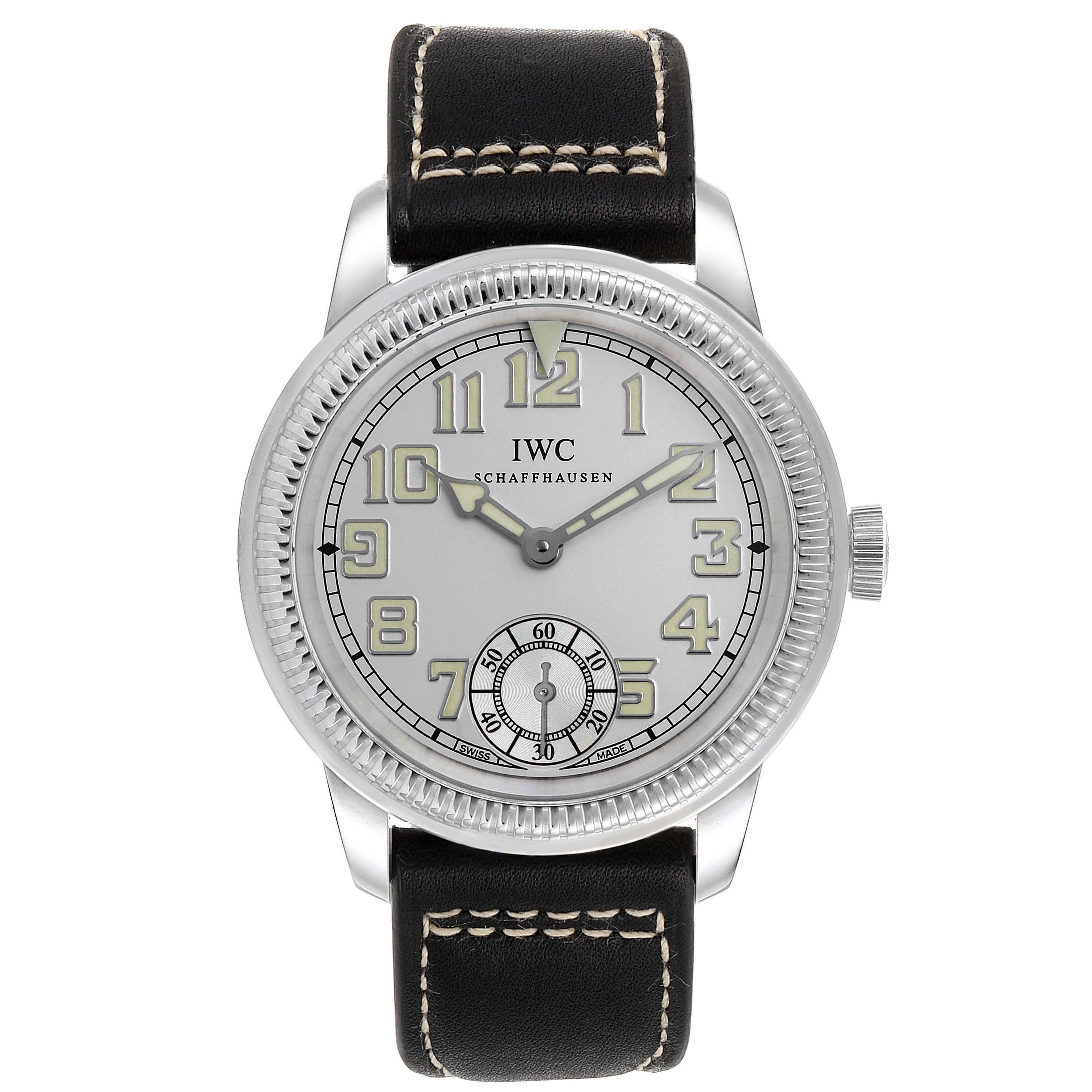 This is a front view of the IWC Pilot IW325405 Men's Titanium Silver Dial IW325405 Men's Titanium Silver Dial model watch, showing the dial, bezel, crown, and leather strap.