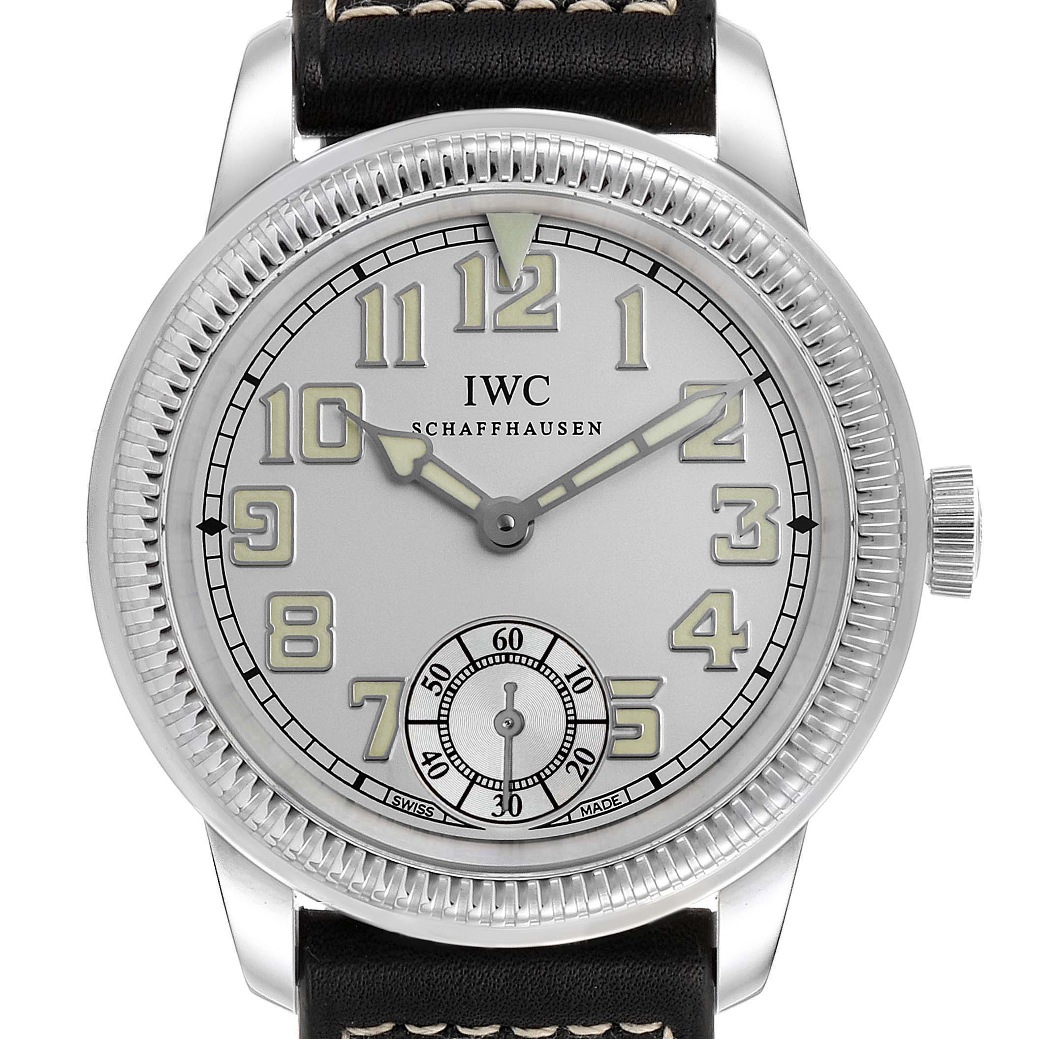 Front view of the IWC Pilot IW325405 Men's Titanium Silver Dial IW325405 Men's Titanium Silver Dial model watch showcasing the dial, hands, numerals, and part of the leather strap.