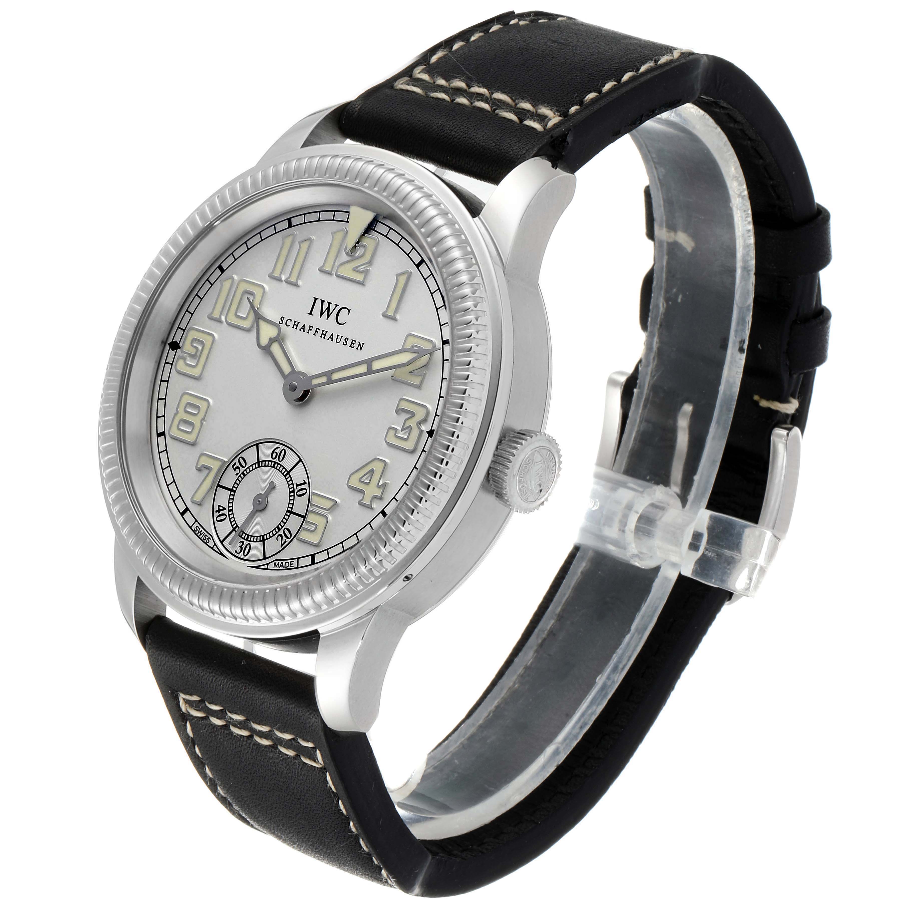 The IWC Pilot IW325405 Men's Titanium Silver Dial IW325405 Men's Titanium Silver Dial model watch is shown at an angled side view, highlighting the dial, crown, and leather strap.