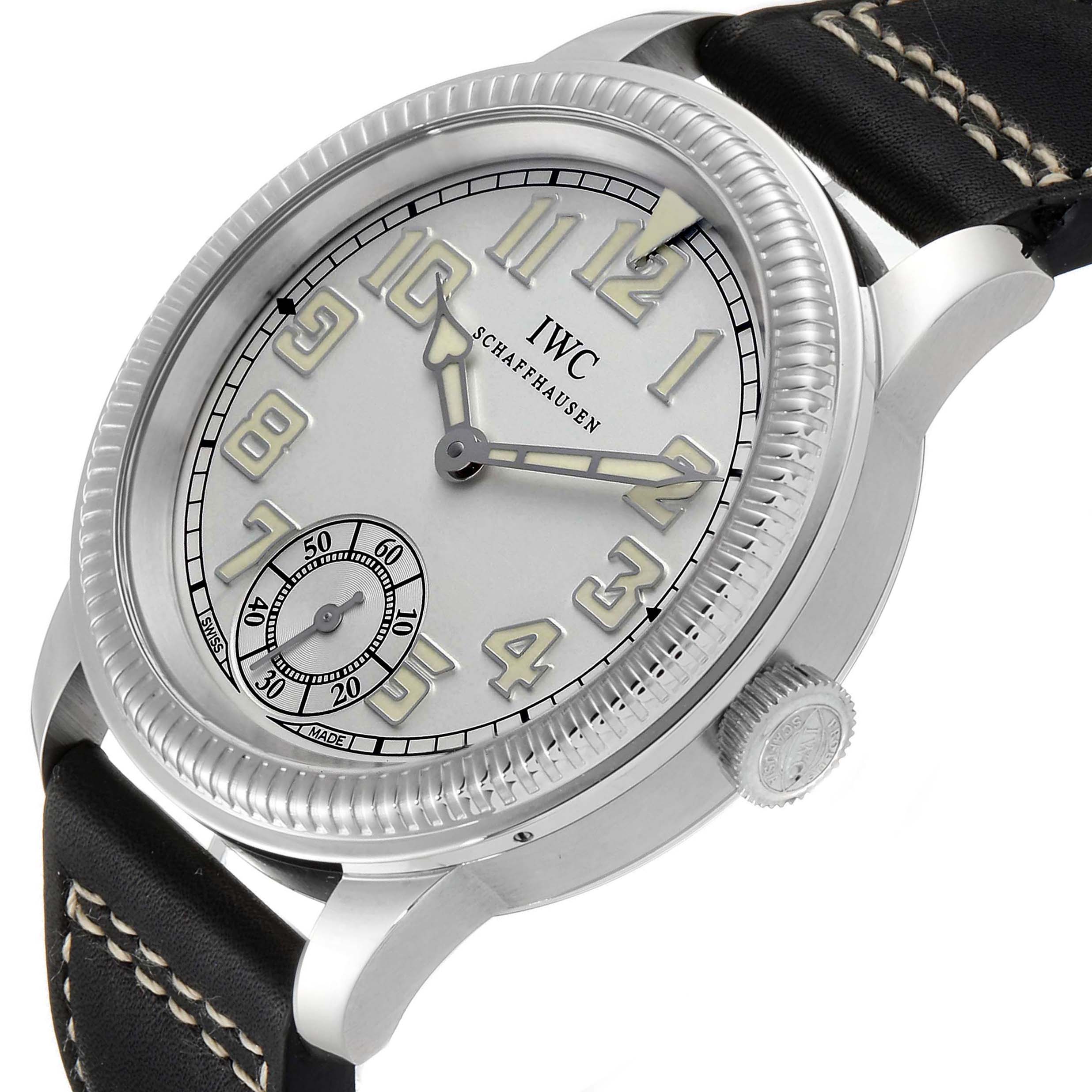 The image shows a side angle of the IWC Pilot IW325405 Men's Titanium Silver Dial IW325405 Men's Titanium Silver Dial watch, highlighting the dial, case, and part of the leather strap.