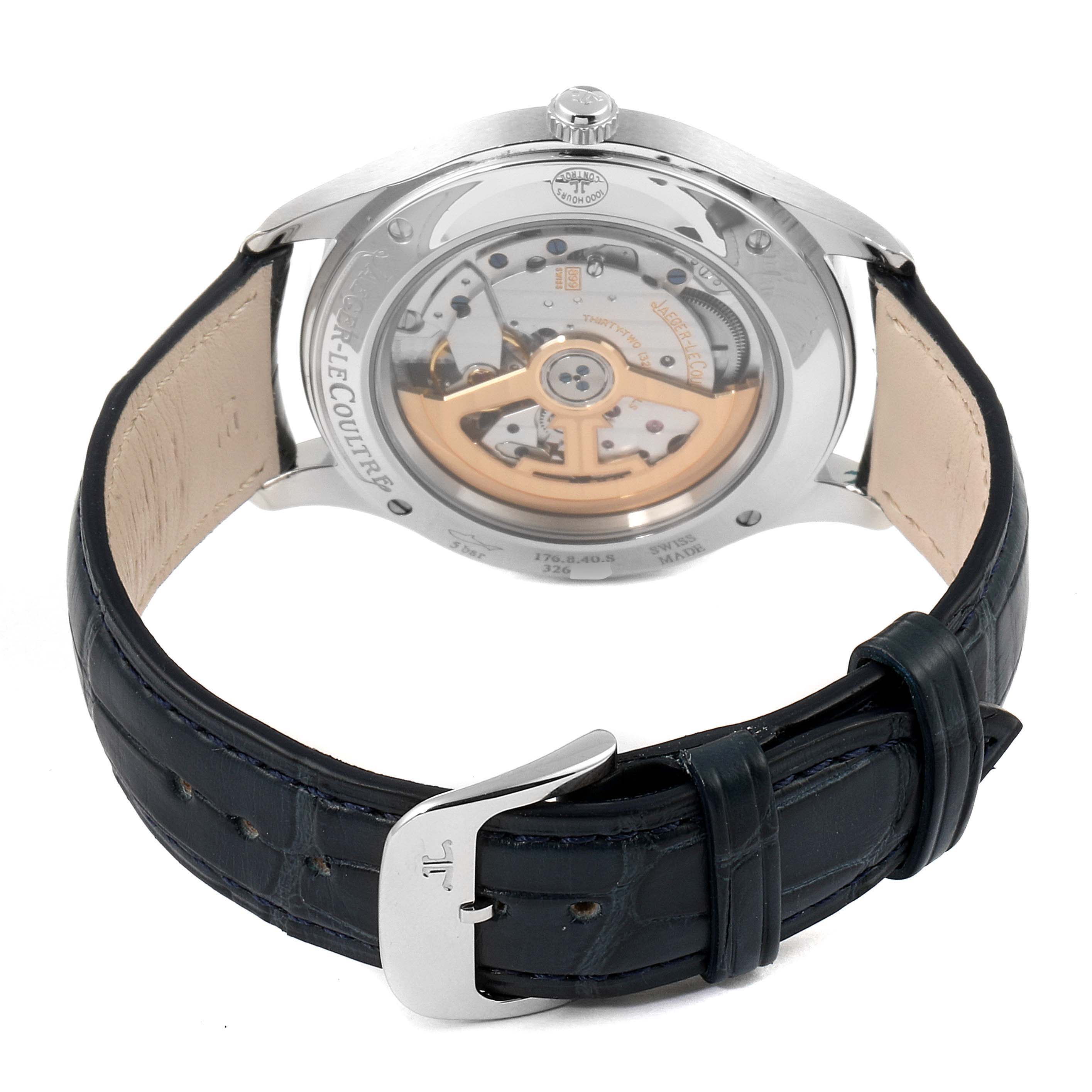This image shows the Jaeger-LeCoultre Master model watch from the back, displaying its transparent case back and visible movement.