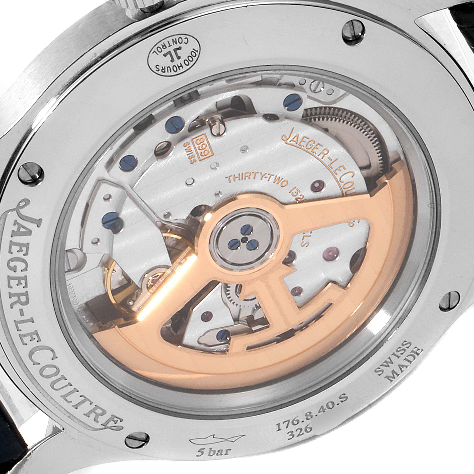 This image shows the back view of the Jaeger LeCoultre Master 31568 Men's Stainless Steel Silver Dial 31568 Men's Stainless Steel Silver Dial model, highlighting the movement and internal mechanisms.