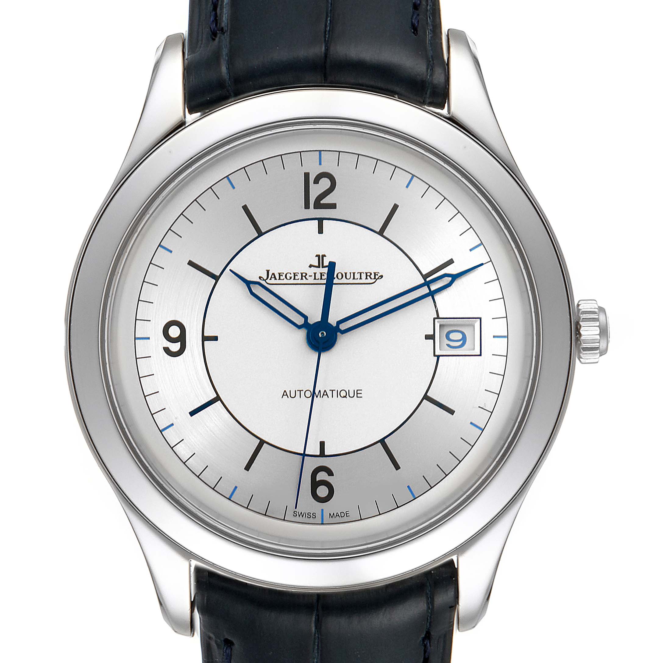 The image shows a front view of the Jaeger-LeCoultre Master model watch with its complete dial and a part of the leather strap.
