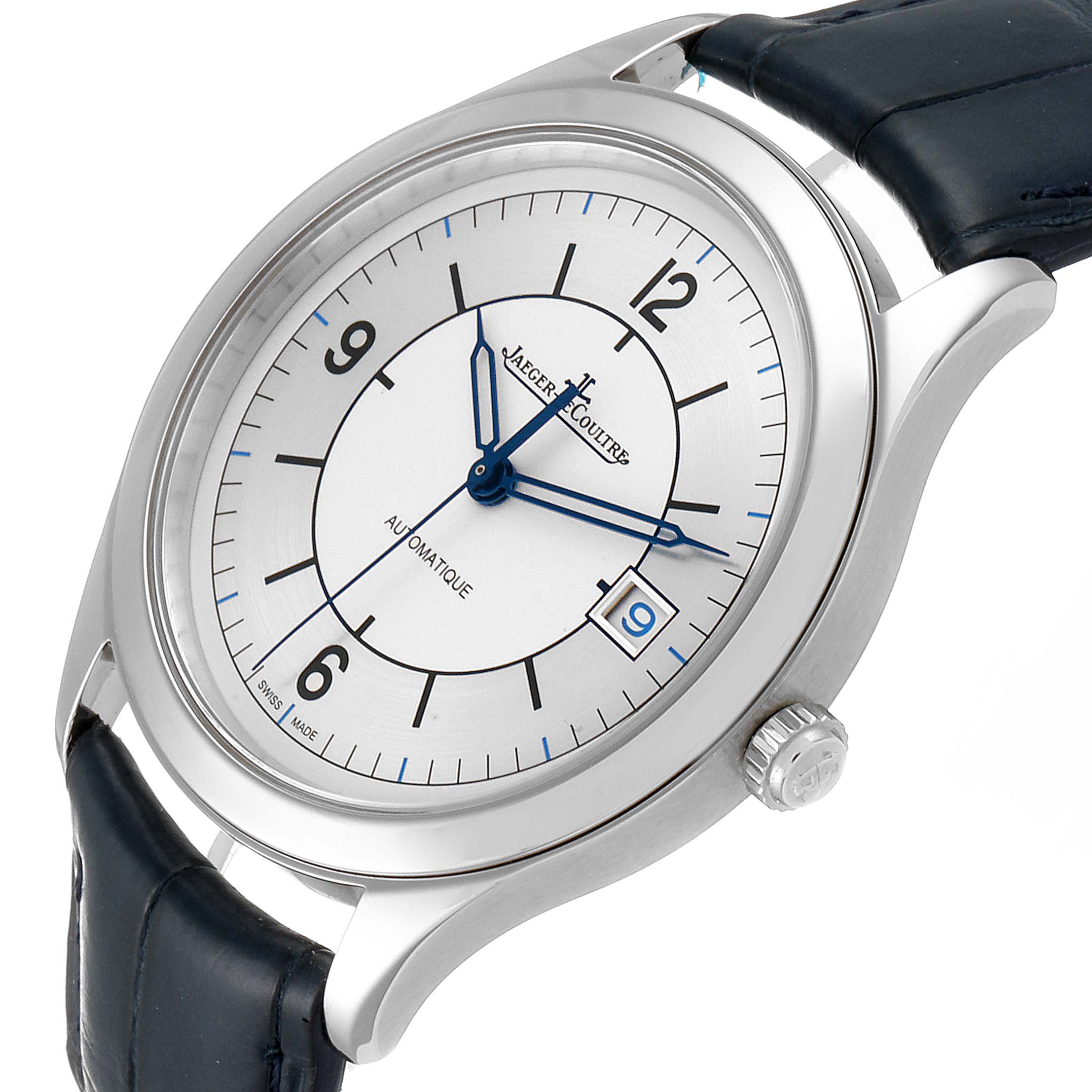 The image shows a Jaeger-LeCoultre Master model watch at a slight angle, highlighting the dial, date window, and leather strap.