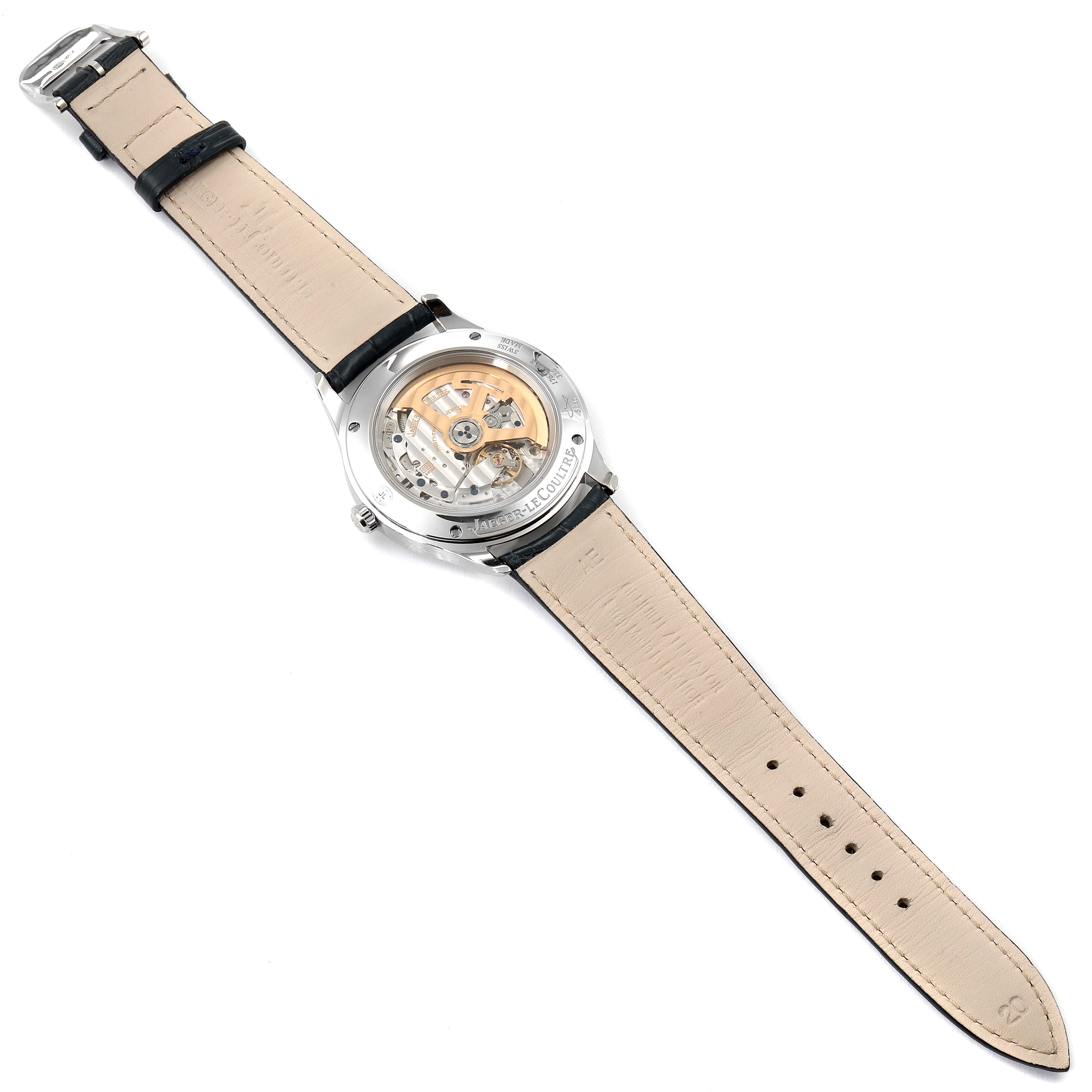 The image shows the back view of the Jaeger LeCoultre Master 31568 Men's Stainless Steel Silver Dial 31568 Men's Stainless Steel Silver Dial model watch, showcasing its open caseback and movement.