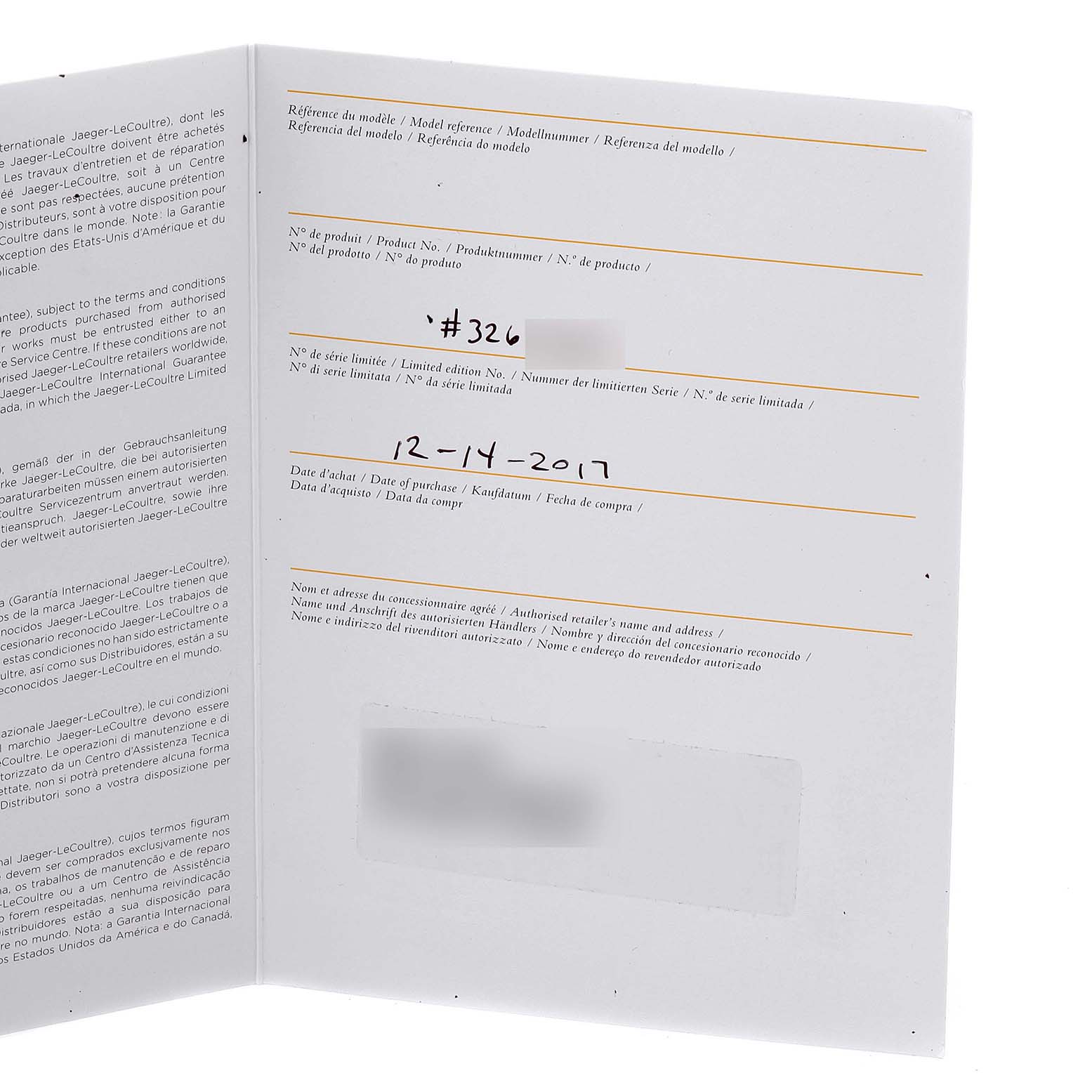 The image shows the warranty and model documentation for a Jaeger-LeCoultre Master model watch.