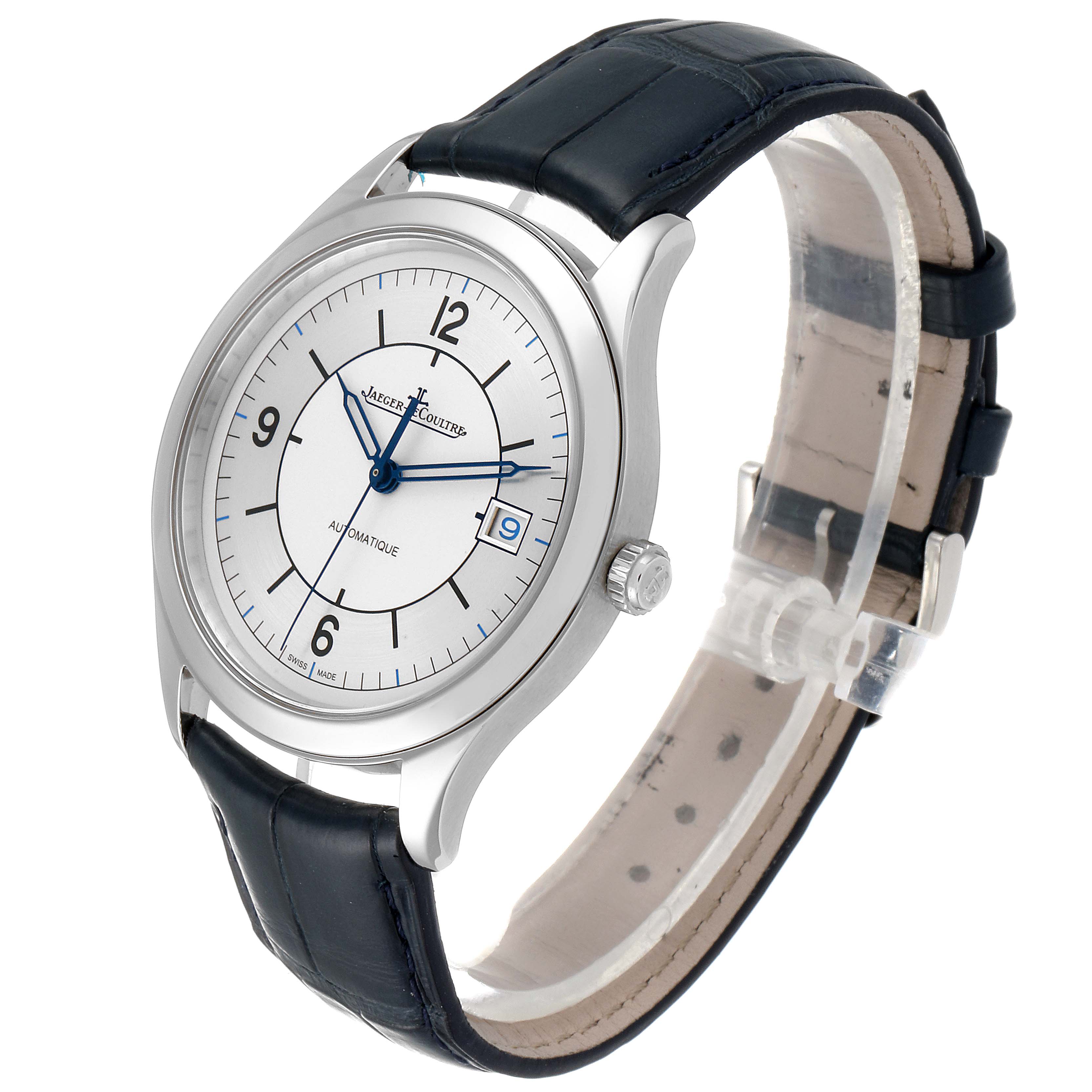 The Jaeger LeCoultre Master 31568 Men's Stainless Steel Silver Dial 31568 Men's Stainless Steel Silver Dial model watch is shown at a slight angle displaying its face, bezel, crown, and part of the black strap.