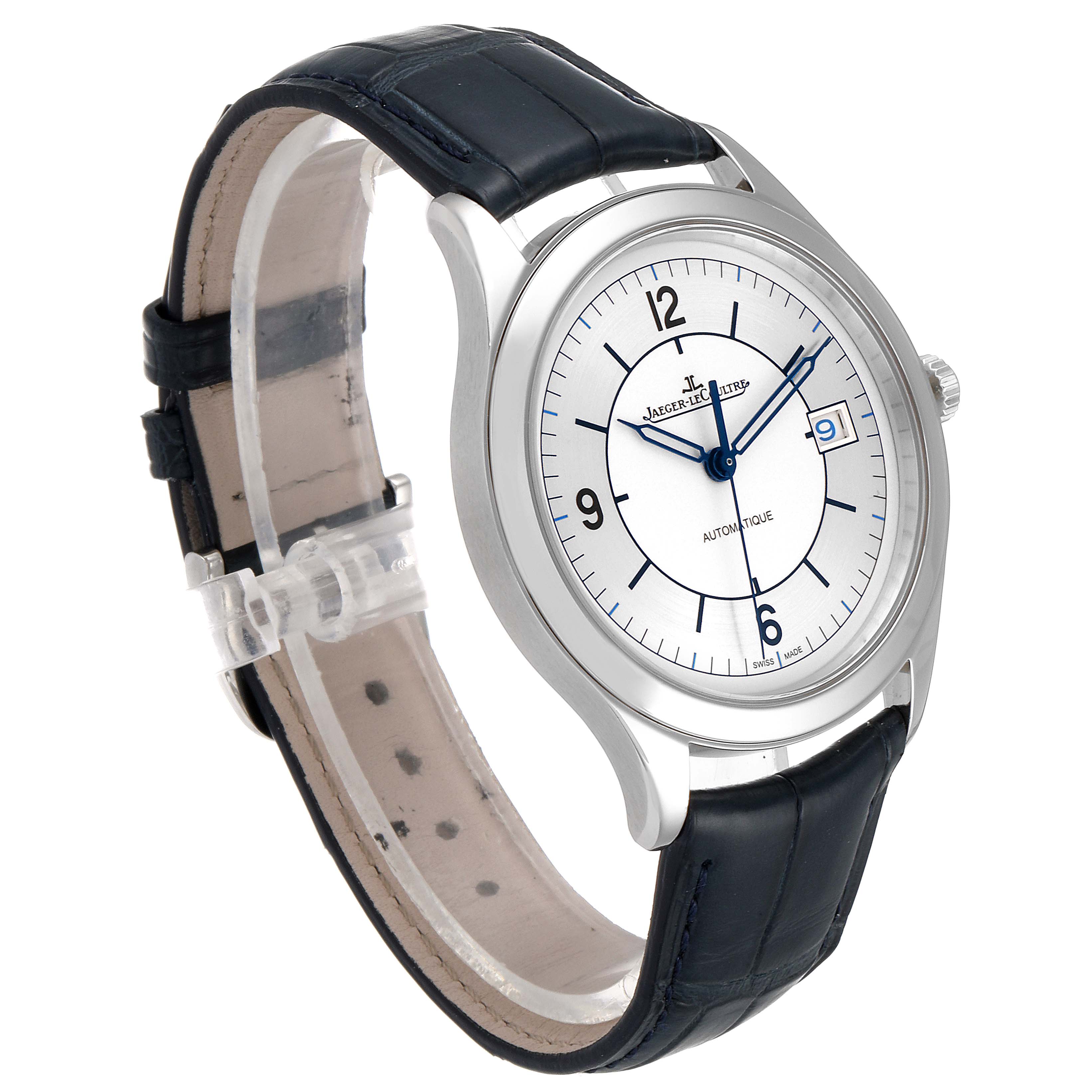 This image shows a Jaeger-LeCoultre Master model watch from a front-side angle, highlighting its face and leather strap.