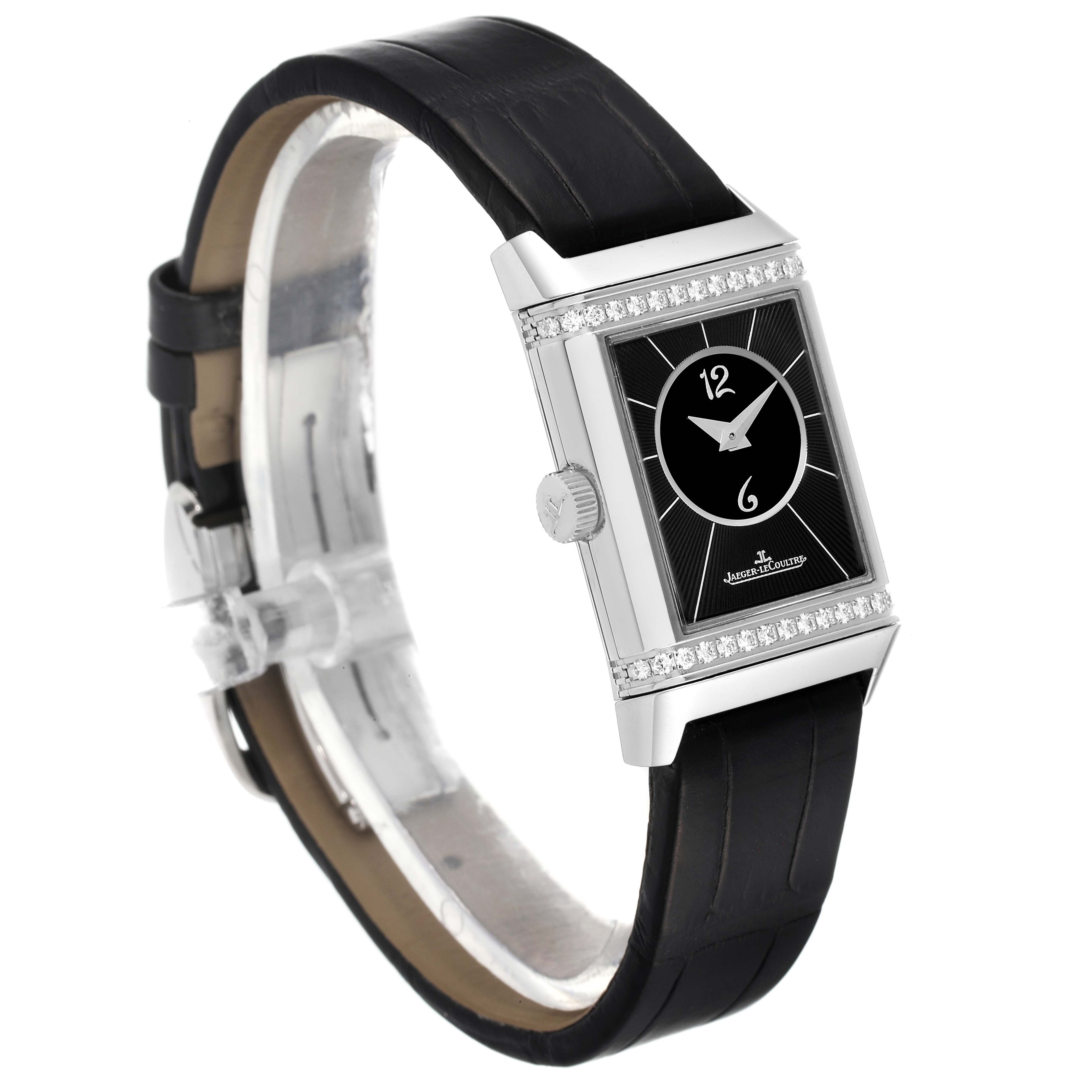 The image shows a Jaeger LeCoultre Reverso Q2668430 Women's Stainless Steel Silver Dial Q2668430 Women's Stainless Steel Silver Dial watch at a slight side angle, highlighting the black leather strap, rectangular face, and crown.
