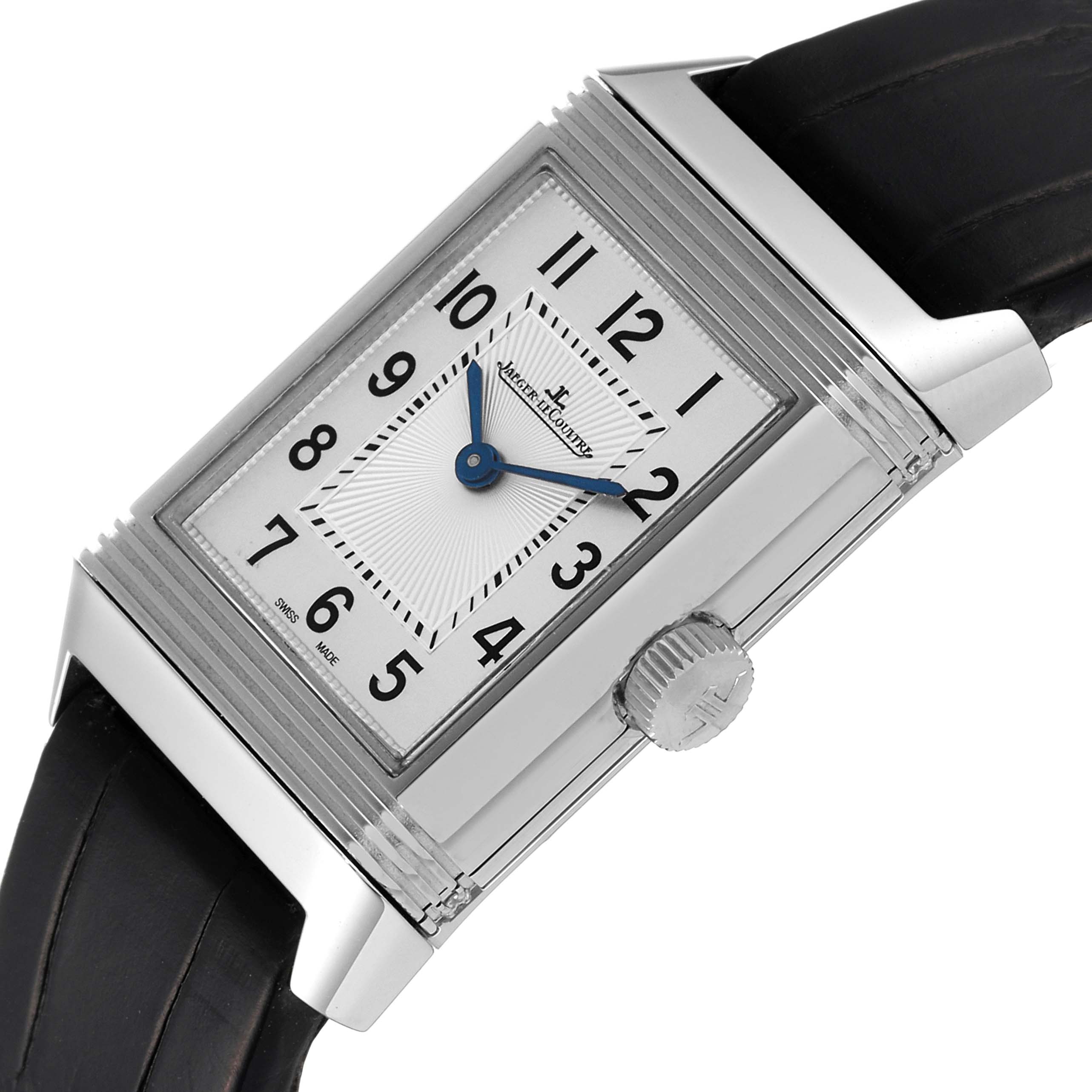 The image shows a close-up, angled view of the face, crown, and part of the strap of a Jaeger LeCoultre Reverso Q2668430 Women's Stainless Steel Silver Dial Q2668430 Women's Stainless Steel Silver Dial watch.