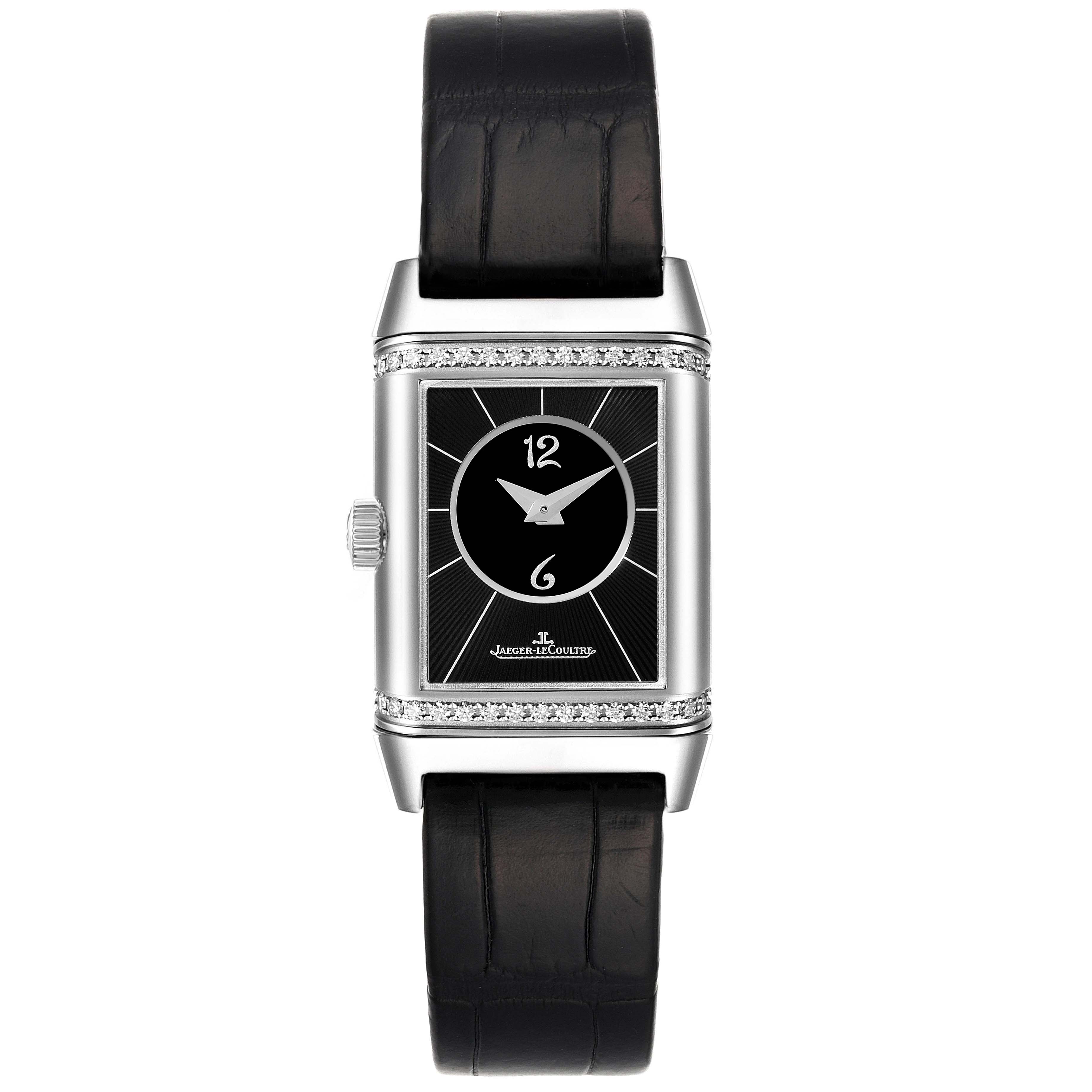 The image shows a front view of the Jaeger LeCoultre Reverso Q2668430 Women's Stainless Steel Silver Dial Q2668430 Women's Stainless Steel Silver Dial watch, highlighting its rectangular dial, leather strap, and crown.