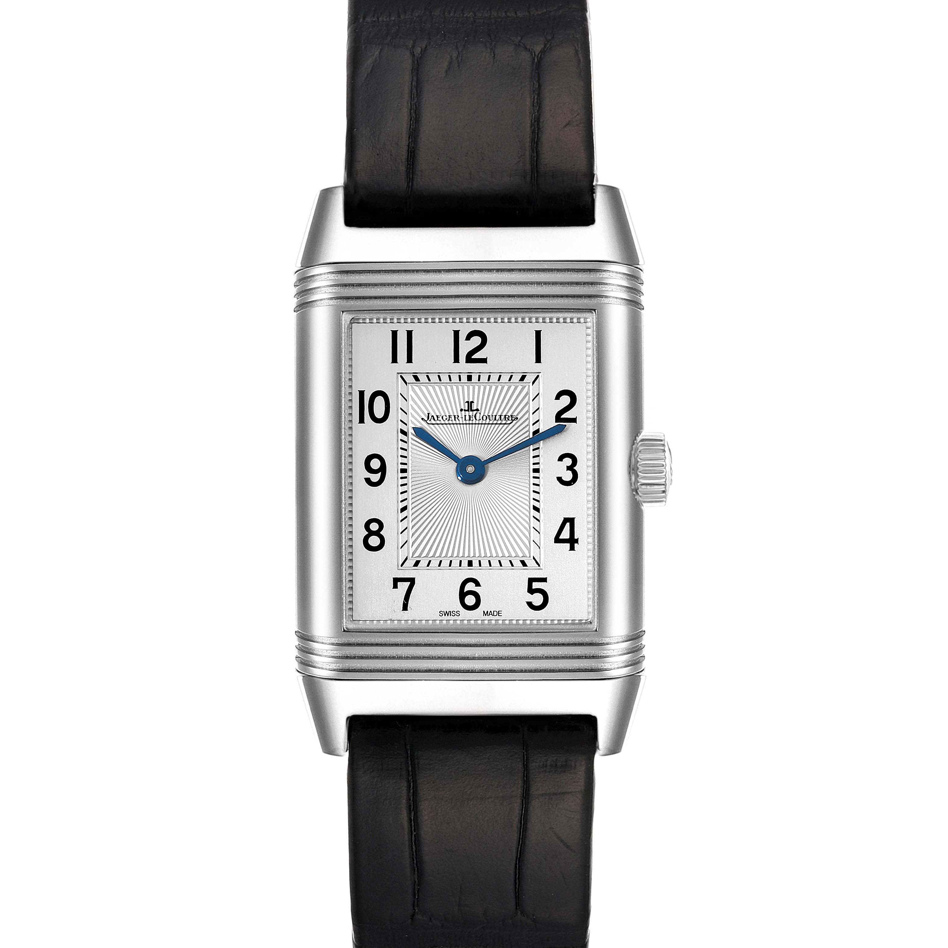 This image shows a frontal view of the Jaeger-LeCoultre Reverso watch, highlighting the dial, crown, and black strap.