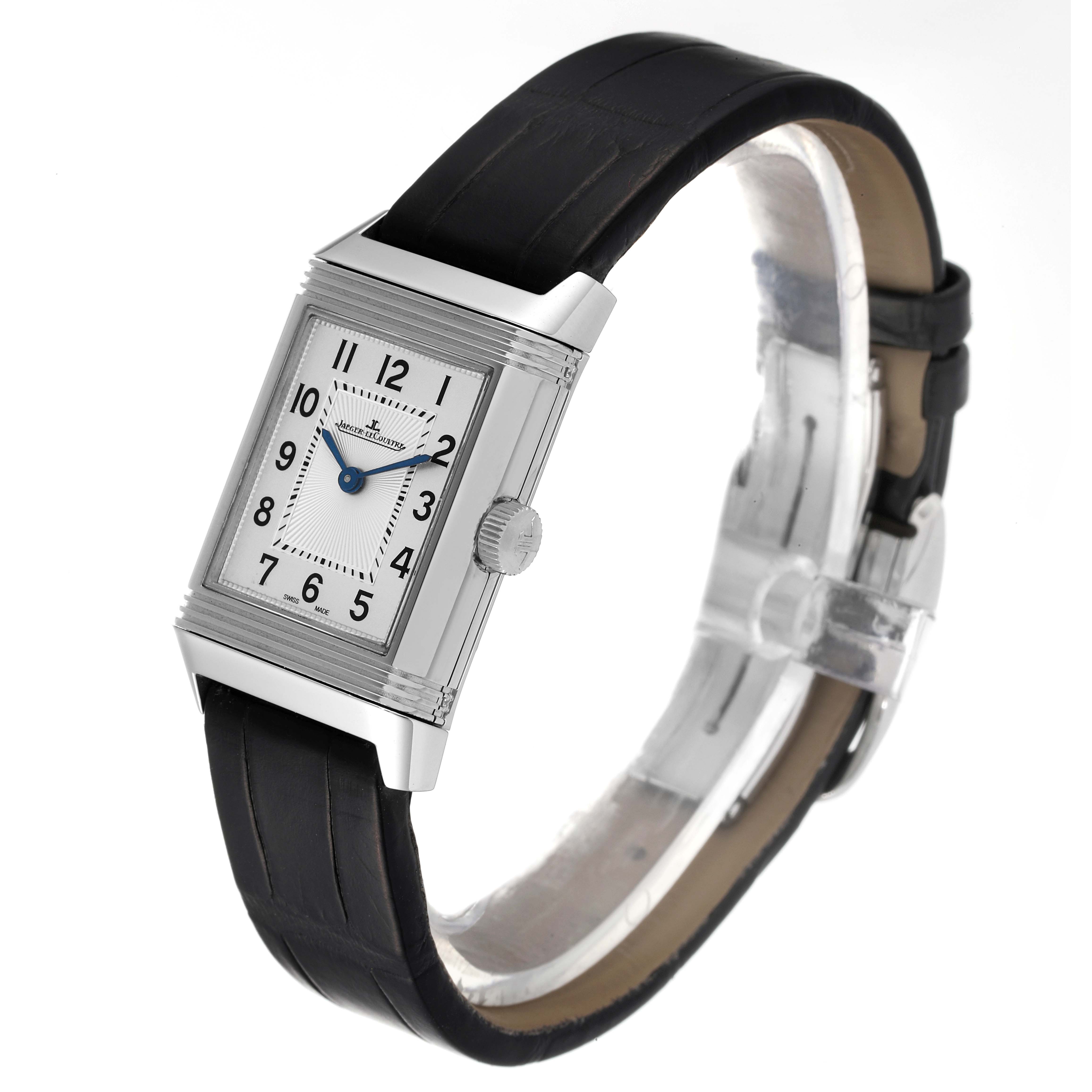 The image shows a Jaeger LeCoultre Reverso Q2668430 Women's Stainless Steel Silver Dial Q2668430 Women's Stainless Steel Silver Dial watch at a slight angle, highlighting its rectangular face and leather strap.