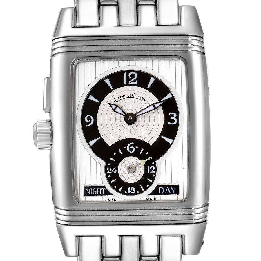 The image shows a front view of a Jaeger LeCoultre Reverso model watch with time and day/night indicator.