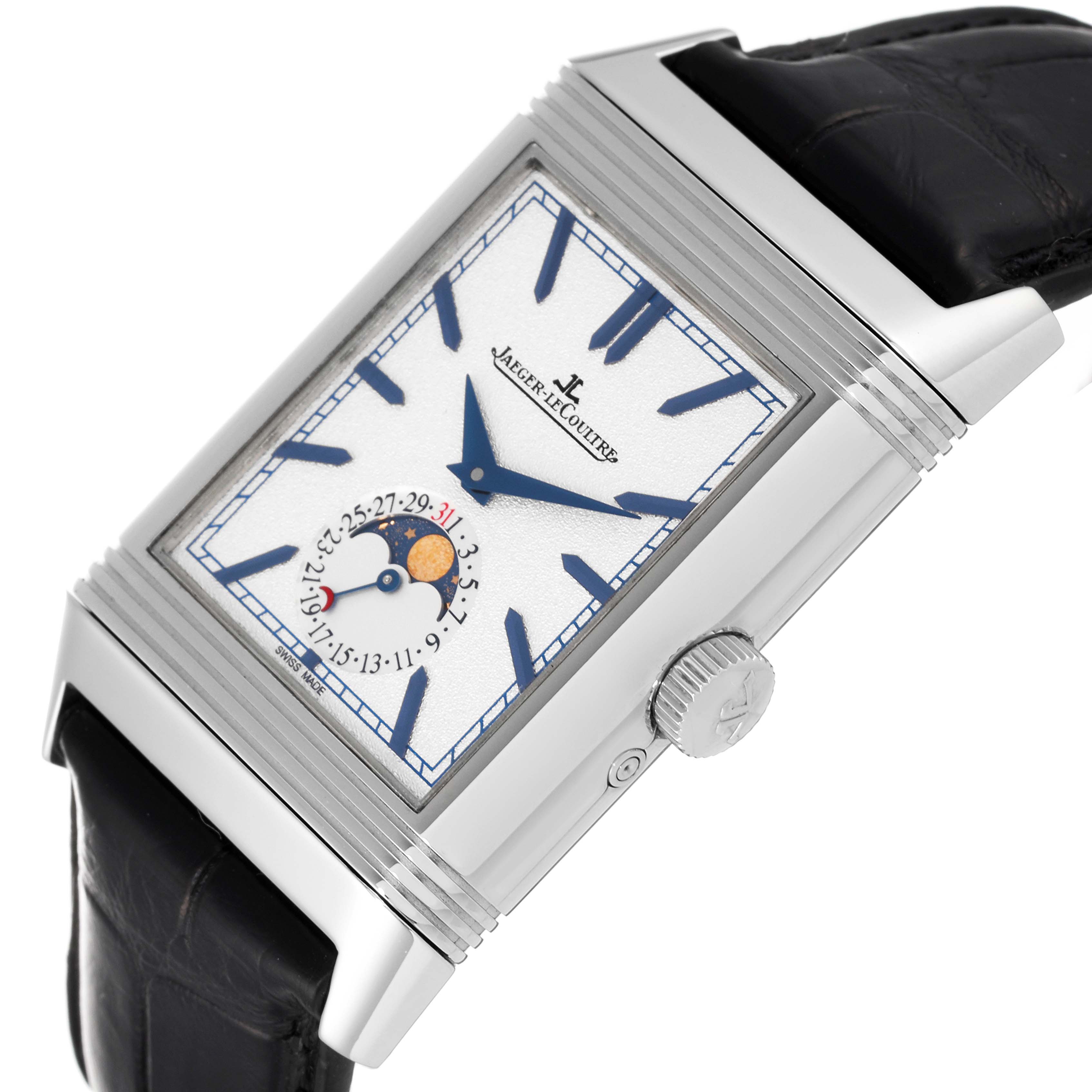 The image shows a close-up angle of the Jaeger LeCoultre Reverso Q3958420 Men's Stainless Steel Blue Dial Q3958420 Men's Stainless Steel Blue Dial watch, highlighting the dial, crown, and part of the leather strap.