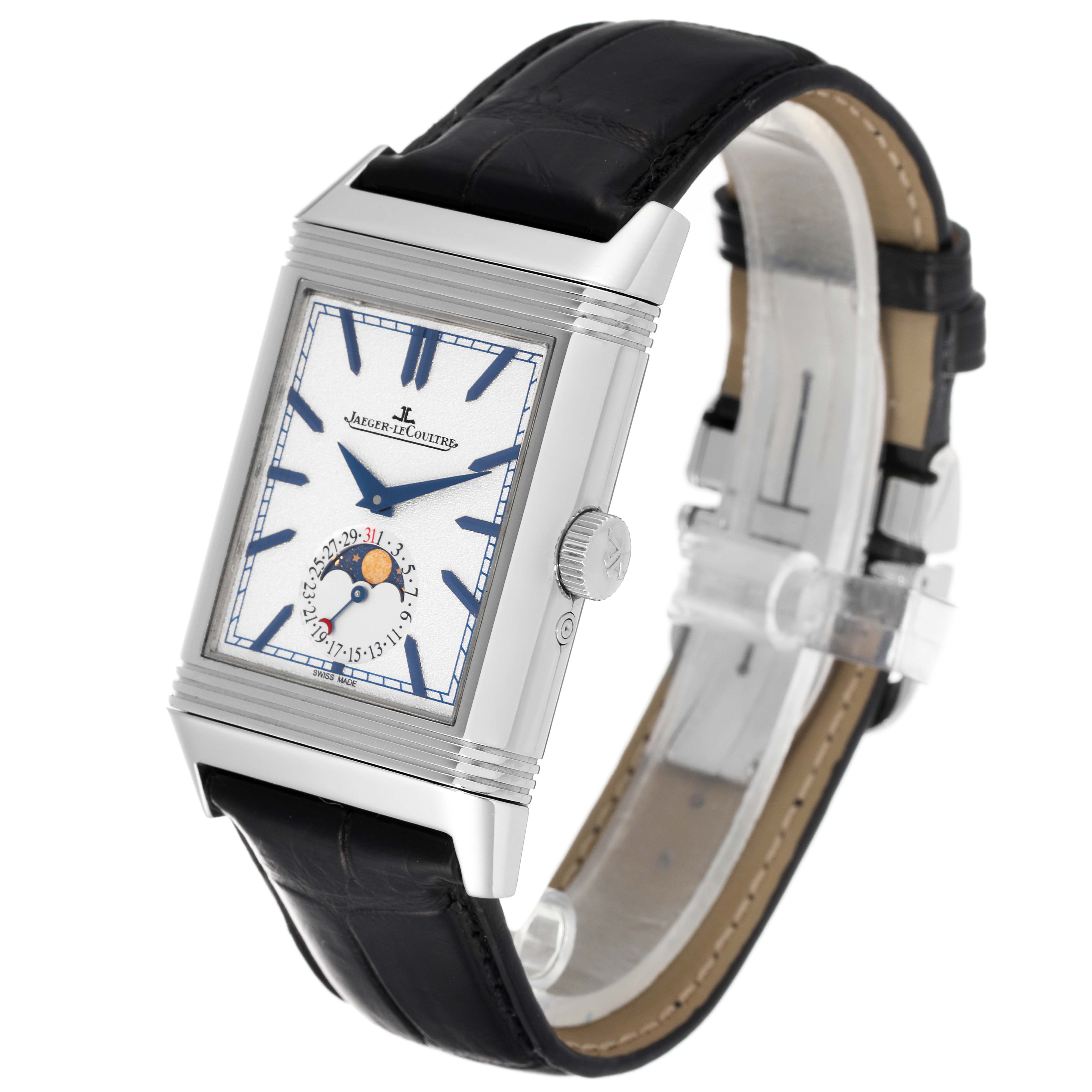 This image shows a Jaeger-LeCoultre Reverso watch at a front angle, displaying its face, crown, and leather strap.