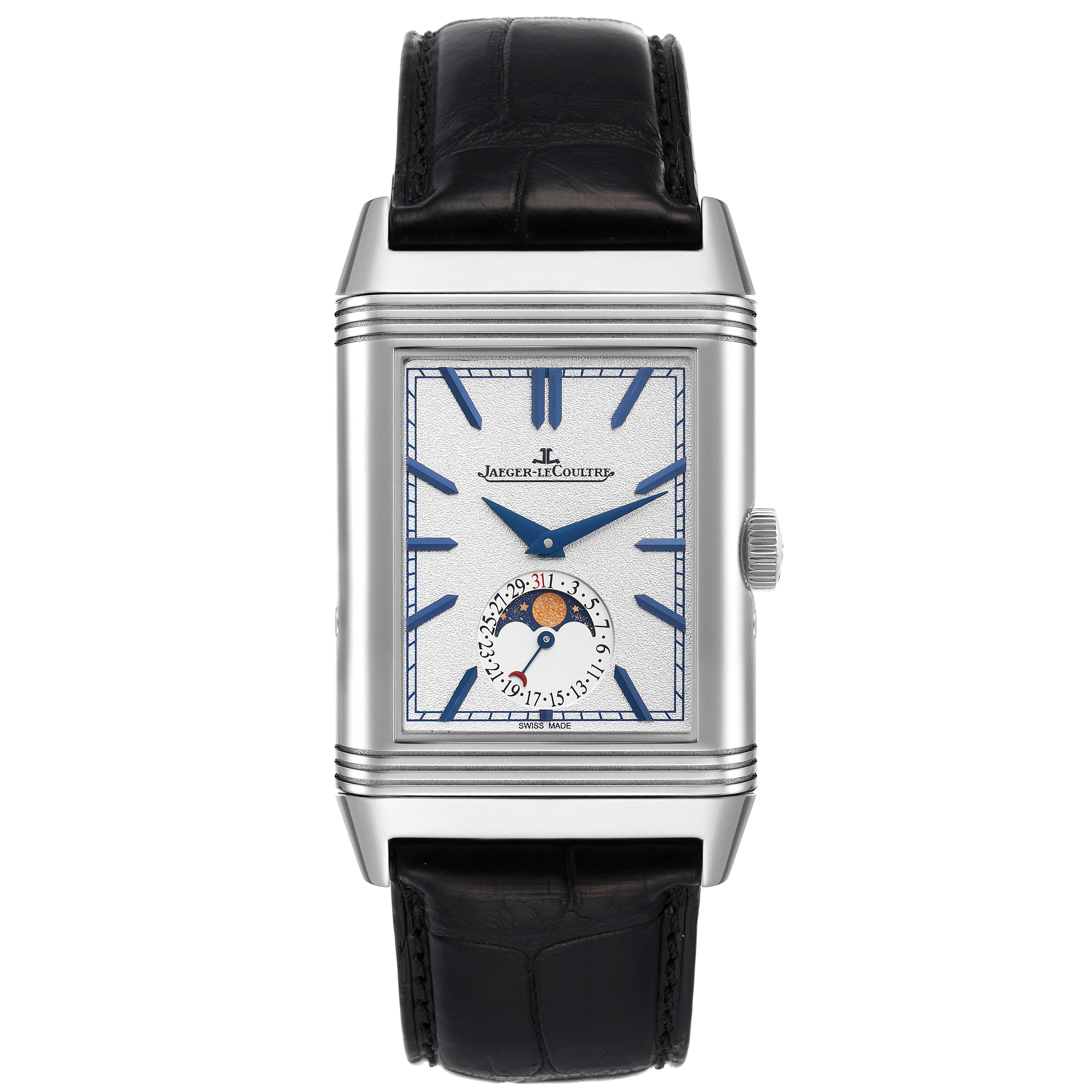 This Jaeger LeCoultre Reverso Q3958420 Men's Stainless Steel Blue Dial Q3958420 Men's Stainless Steel Blue Dial watch is shown from the front, displaying its dial, markers, hands, subdial, and leather strap.