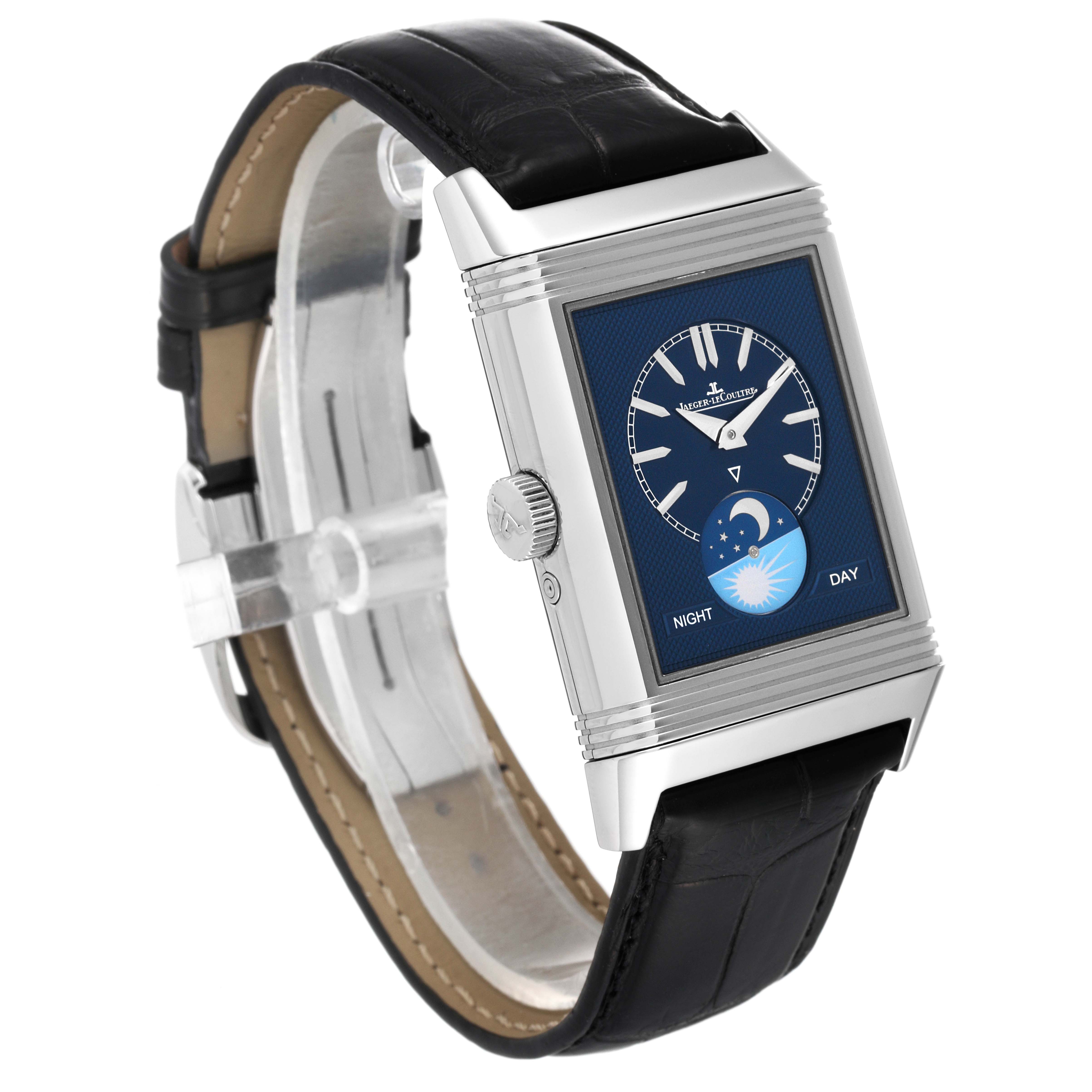 The image shows a Jaeger LeCoultre Reverso Q3958420 Men's Stainless Steel Blue Dial Q3958420 Men's Stainless Steel Blue Dial watch angled slightly from the right, displaying the face, crown, and leather strap.