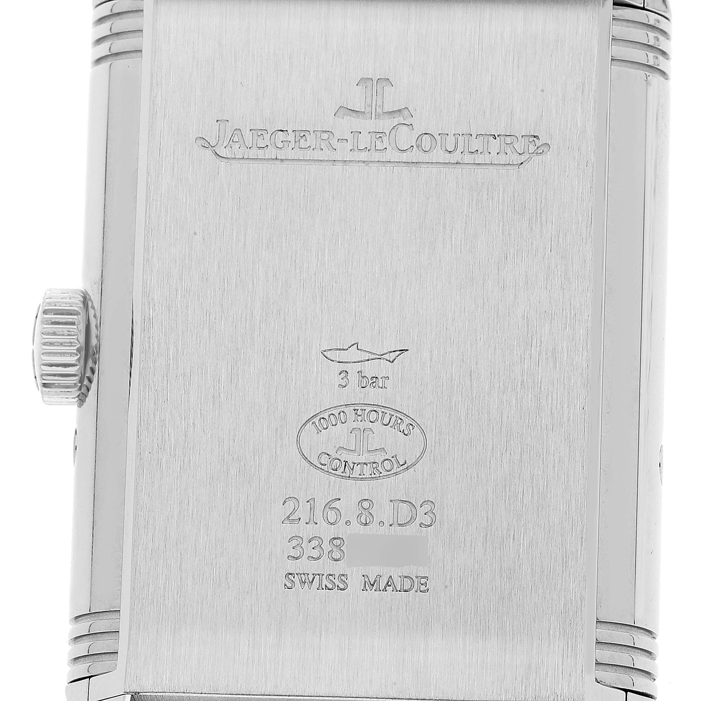 This image shows a close-up view of the back case of the Jaeger-LeCoultre Reverso watch.