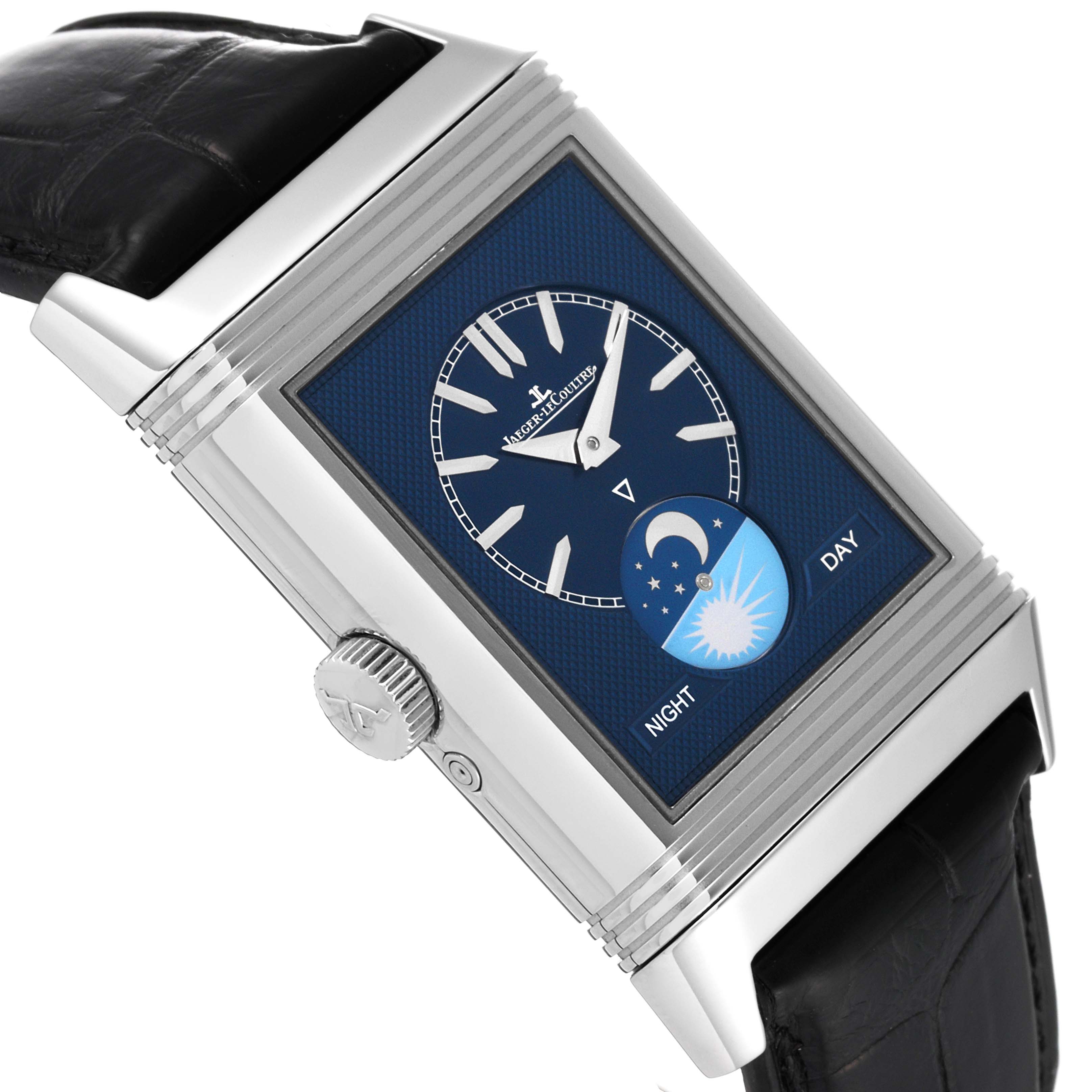 The image shows a side-angle view of the Jaeger LeCoultre Reverso Q3958420 Men's Stainless Steel Blue Dial Q3958420 Men's Stainless Steel Blue Dial watch, highlighting its crown, case, dial, and strap.