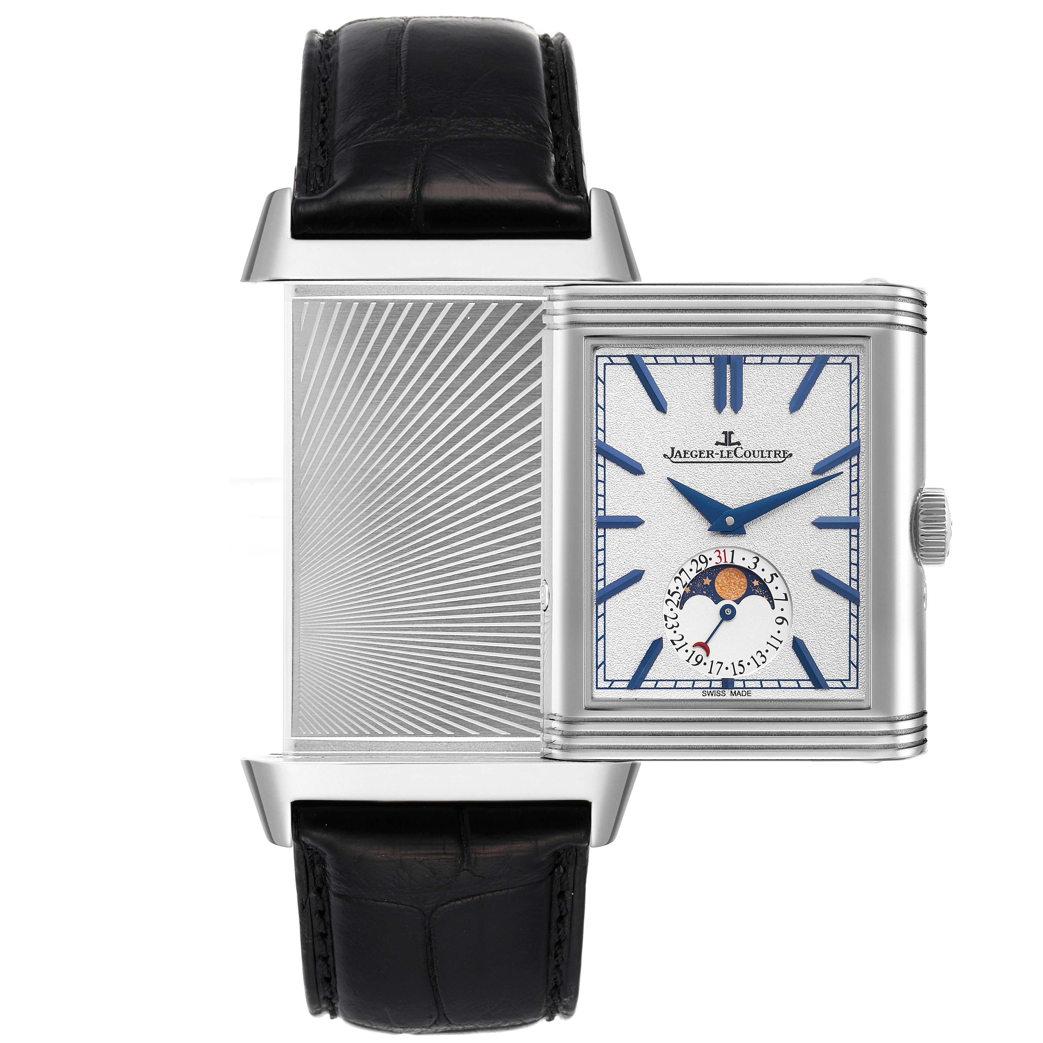 This image shows a Jaeger LeCoultre Reverso Q3958420 Men's Stainless Steel Blue Dial Q3958420 Men's Stainless Steel Blue Dial model watch with its face partially rotated to reveal the case back and strap.