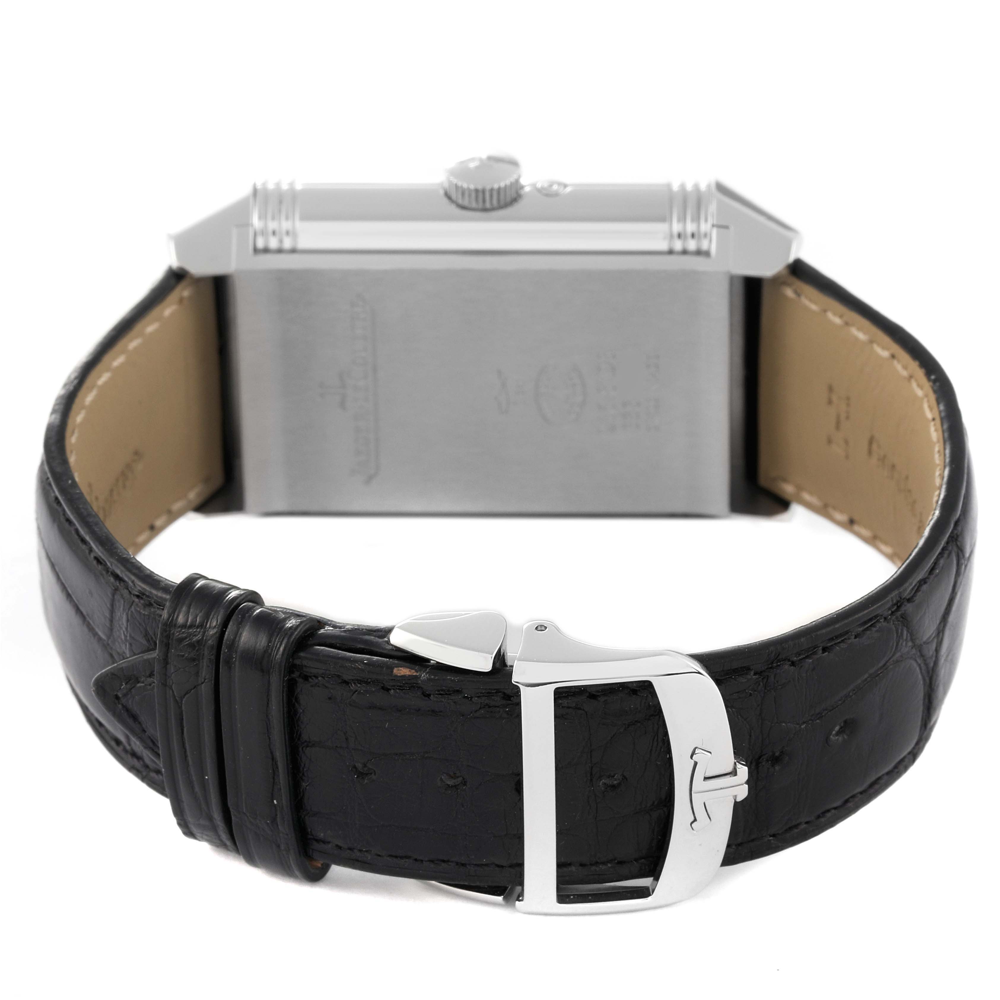 This image shows the back view of a Jaeger-LeCoultre Reverso watch, including the strap and buckle.
