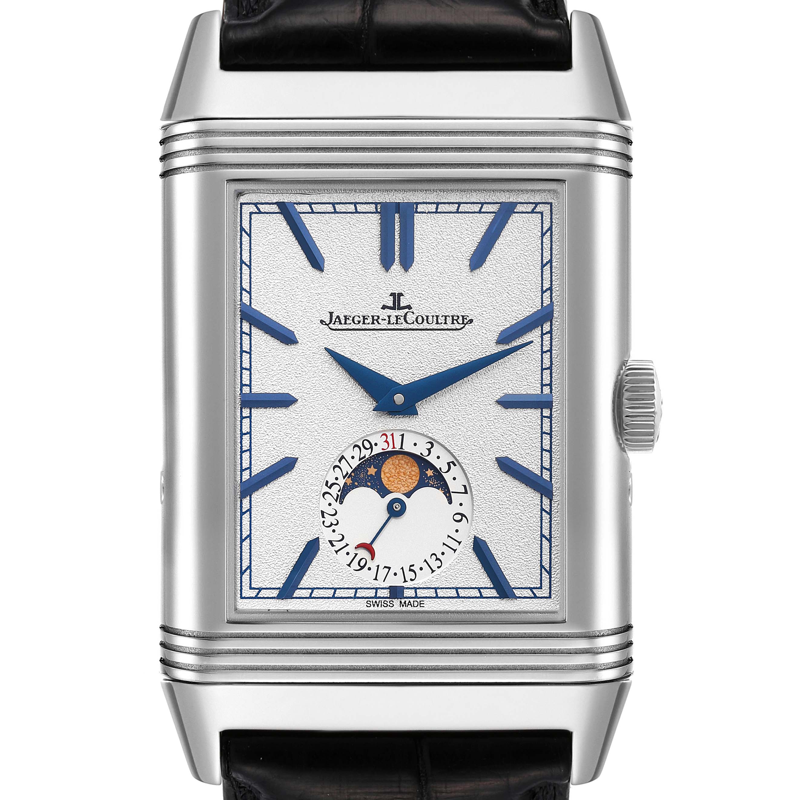 The image shows a front view of the Jaeger-LeCoultre Reverso watch, highlighting the dial, blue hands, and moonphase subdial.