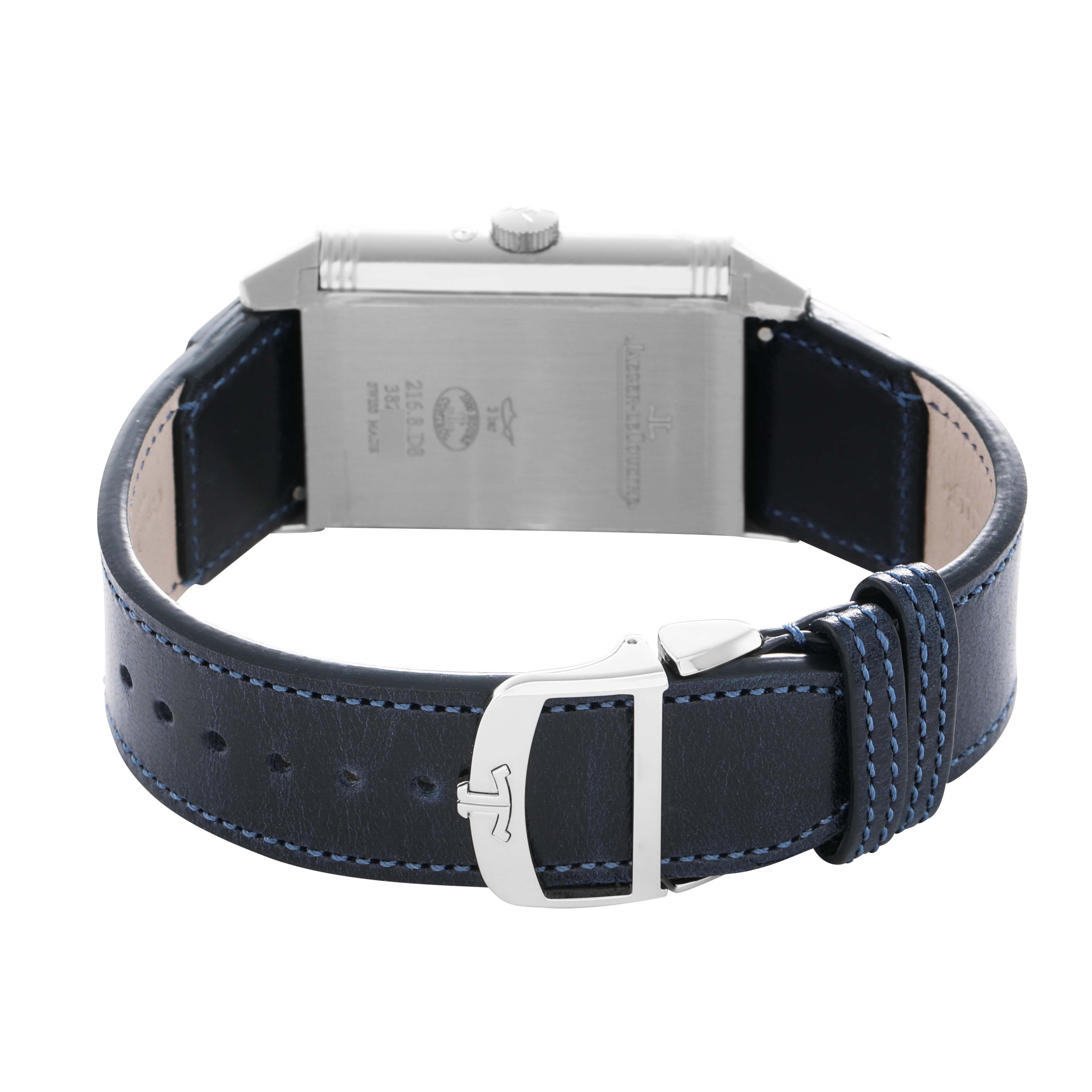 The angle shows the back of the Jaeger LeCoultre Reverso Q714845J Men's Stainless Steel Blue Dial watch, focusing on the stainless steel case back and leather strap.