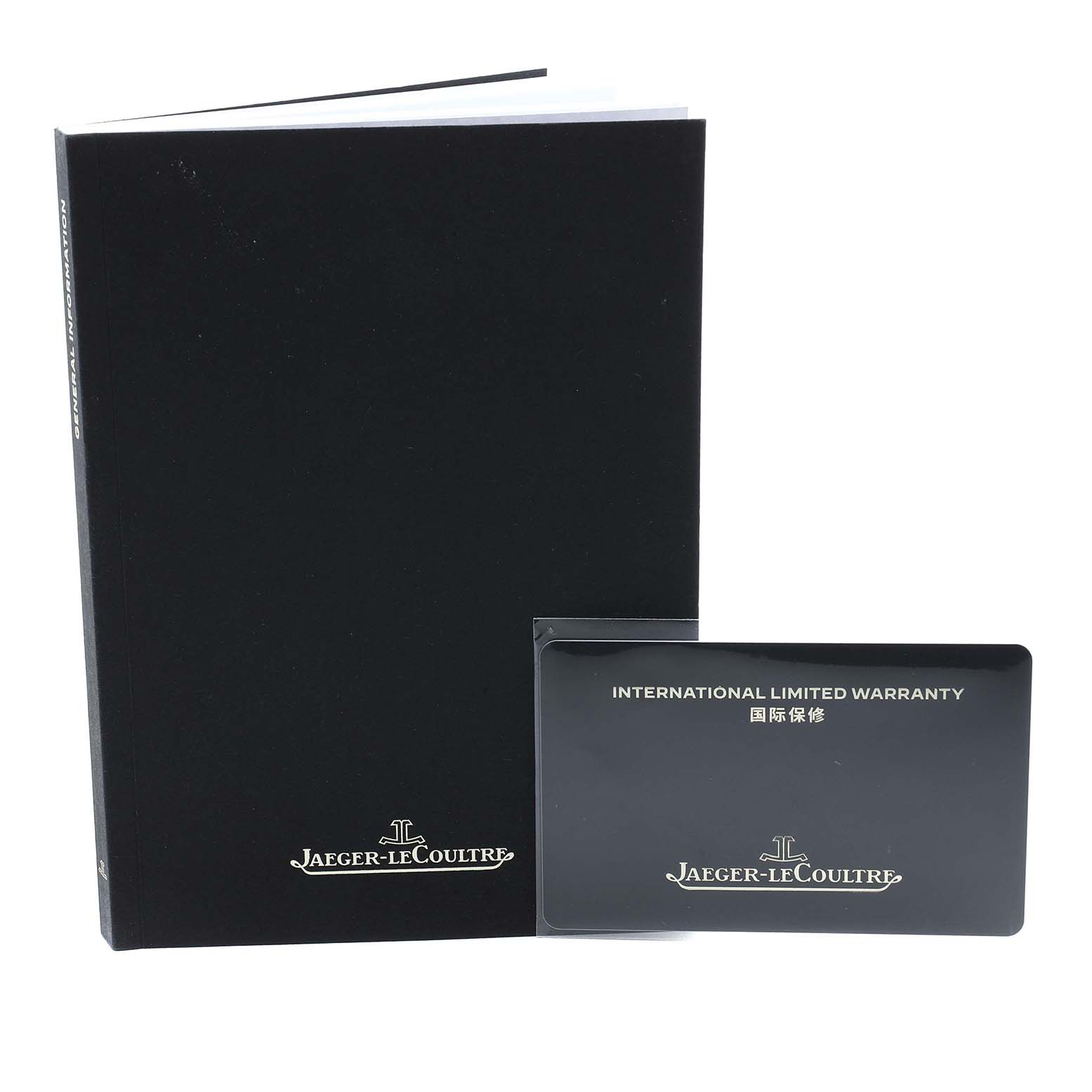 The image shows the warranty card and booklet for the Jaeger-LeCoultre Reverso watch, viewed from the front.