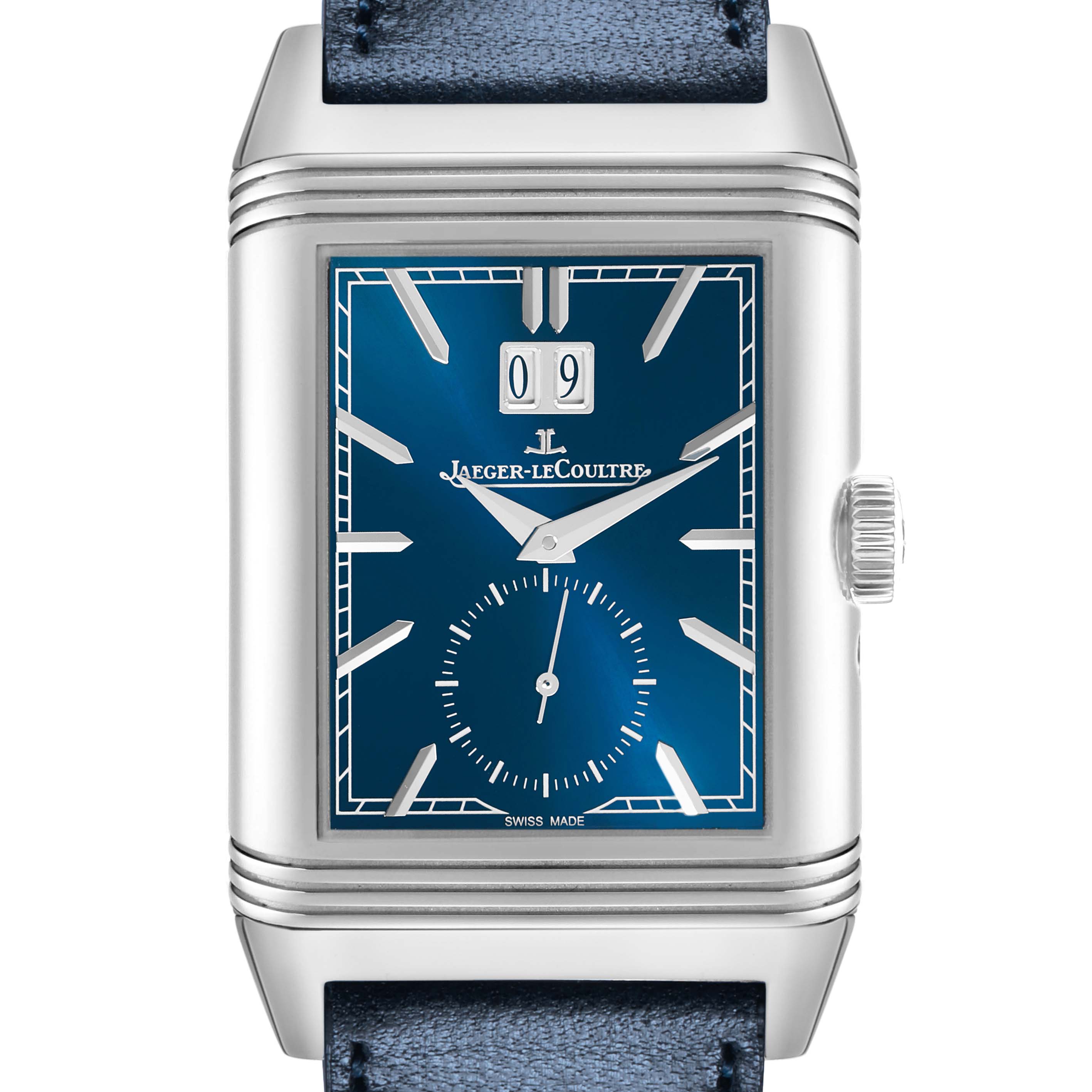 The Jaeger-LeCoultre Reverso watch is shown from the front, highlighting the blue dial, rectangular case, and crown on the side.