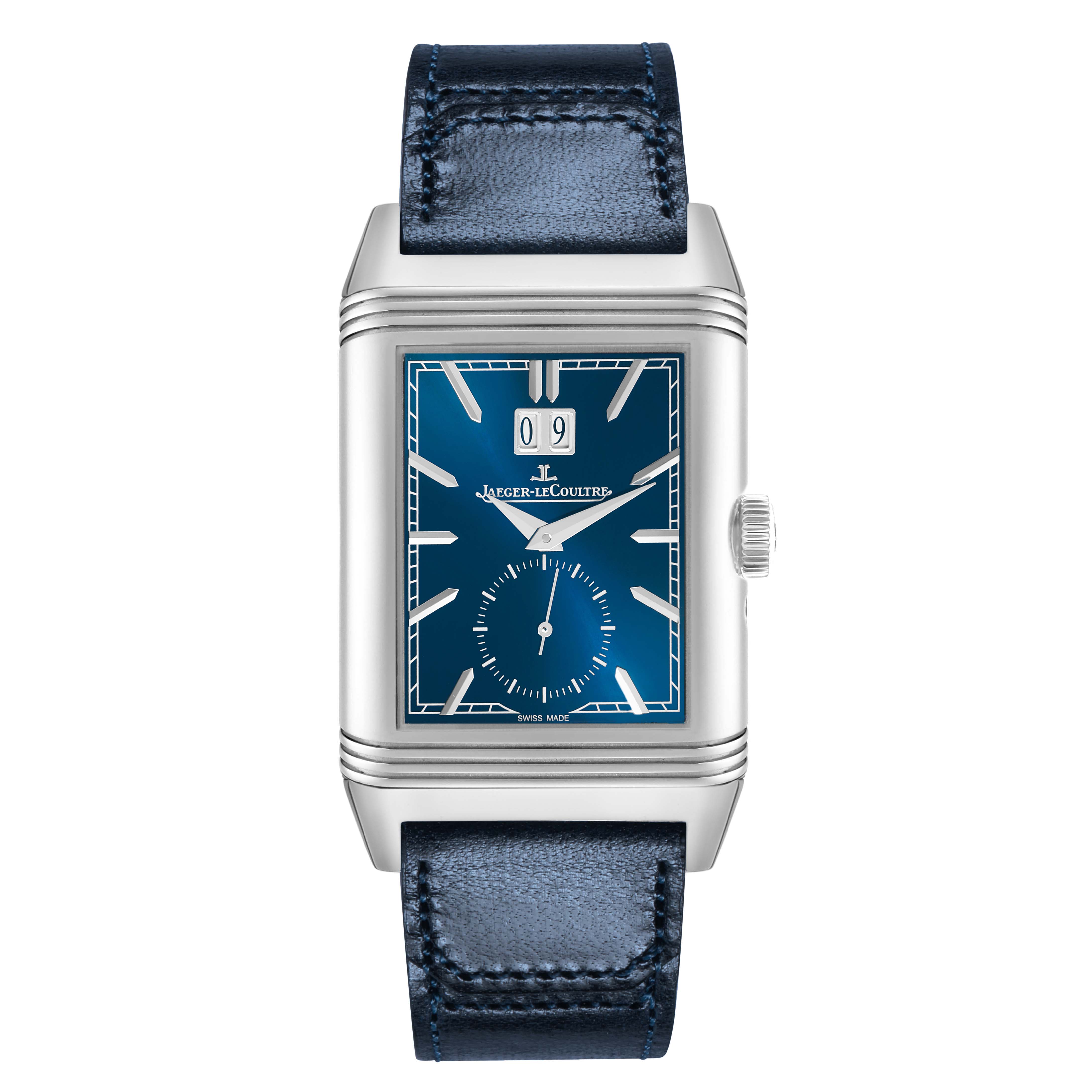 The Jaeger-LeCoultre Reverso watch is shown from the front, displaying its rectangular face, crown, and leather strap.