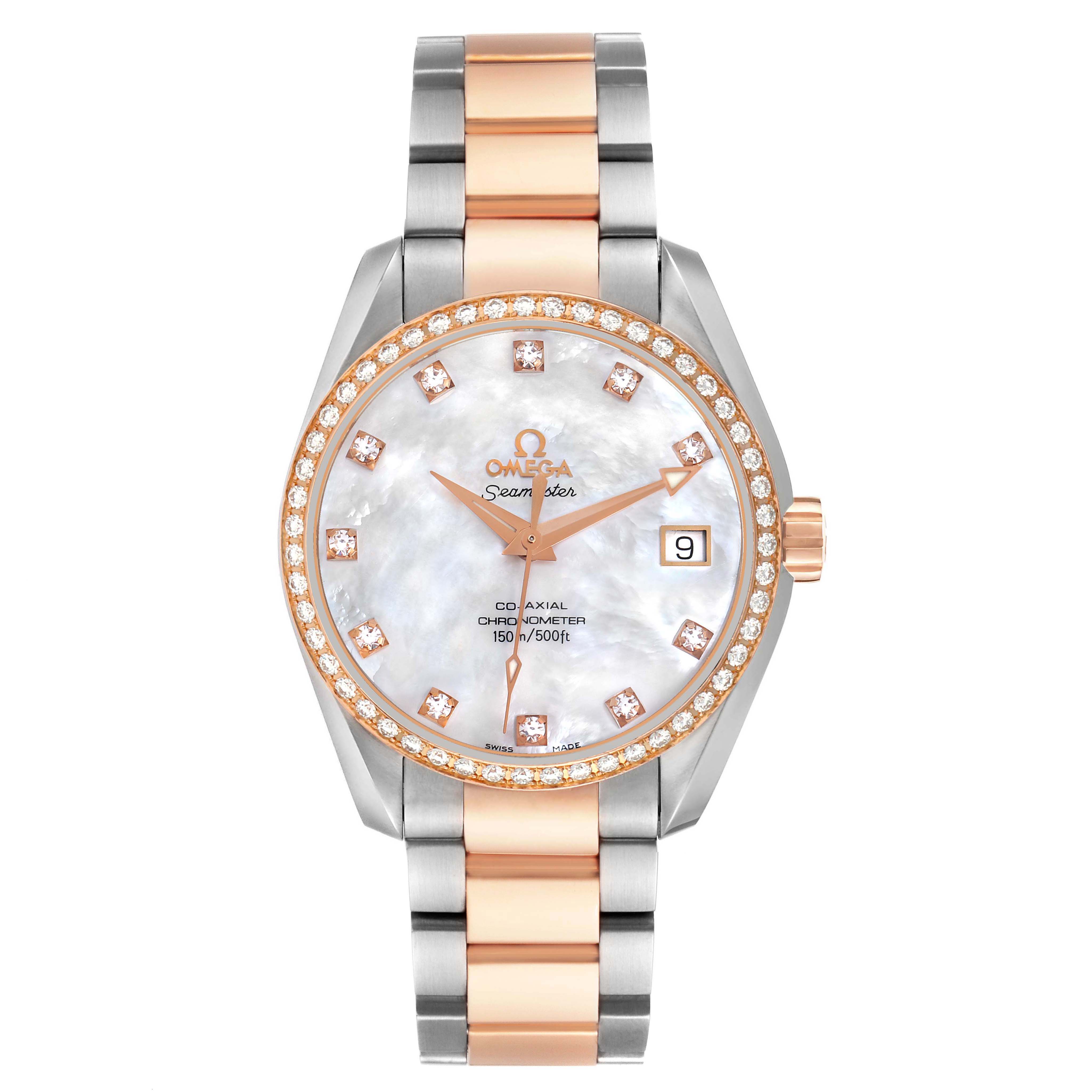 The Omega 2309.75.00 Women's Steel and Gold (two tone) Mother of Pearl Dial Aqua Terra 2309.75.00 is shown from a front angle, highlighting its diamond dial and rose gold accents.
