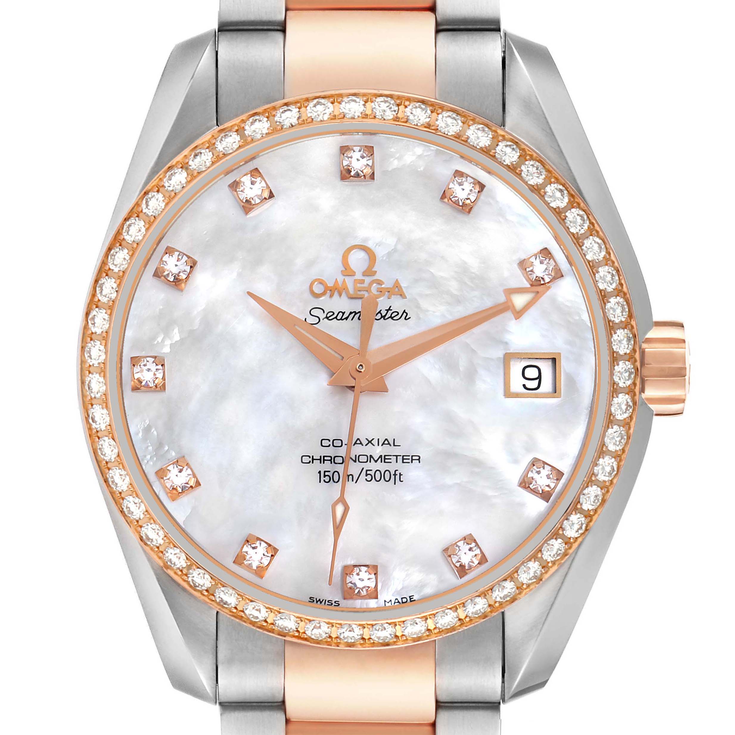 The Omega 2309.75.00 Women's Steel and Gold (two tone) Mother of Pearl Dial Aqua Terra 2309.75.00 is shown front-on, displaying its mother-of-pearl diamond dial and rose gold bezel.