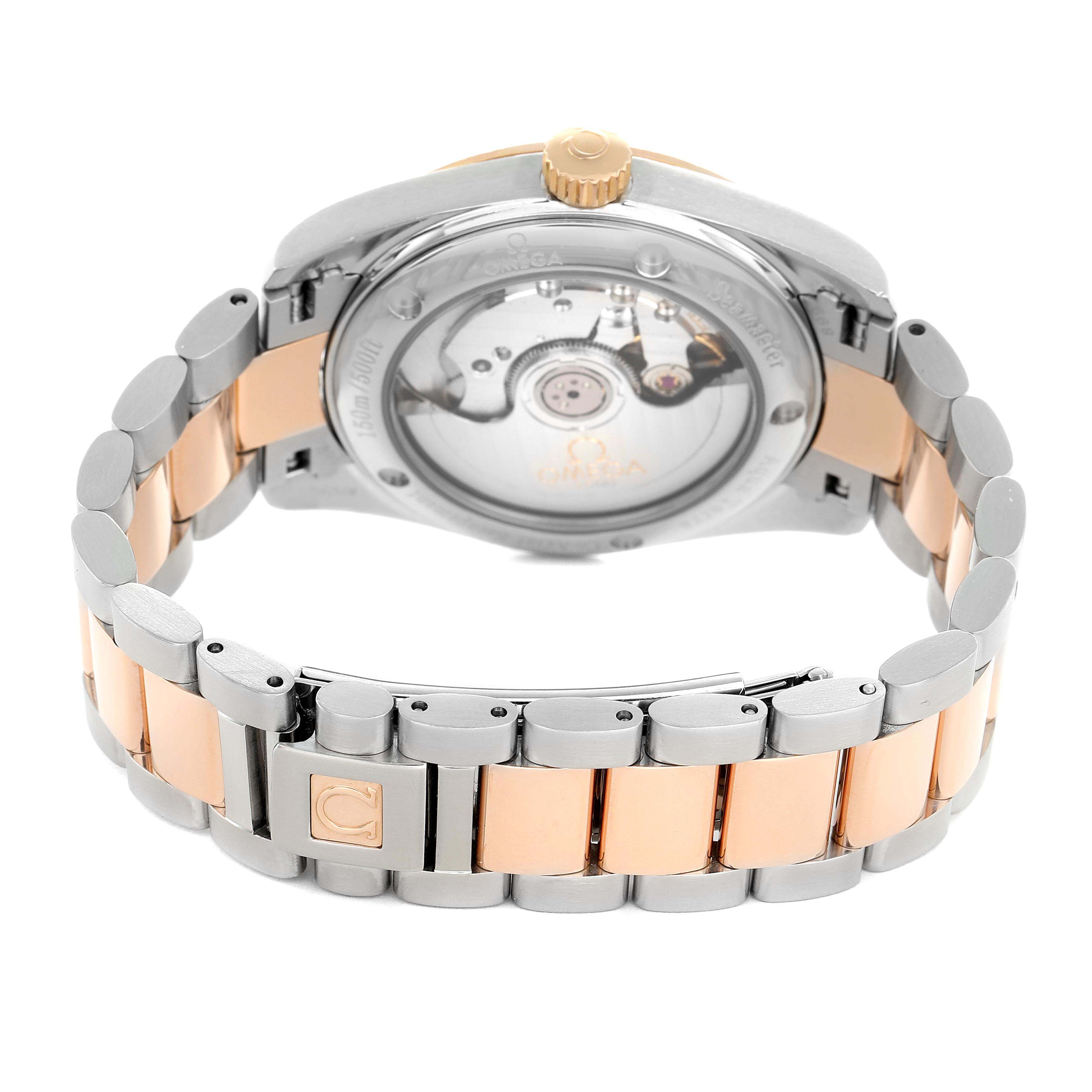 The Omega 2309.75.00 Women's Steel and Gold (two tone) Mother of Pearl Dial Aqua Terra Steel Rose Gold 2309.75.00 is shown from the back, highlighting its exhibition case back and two-tone bracelet.
