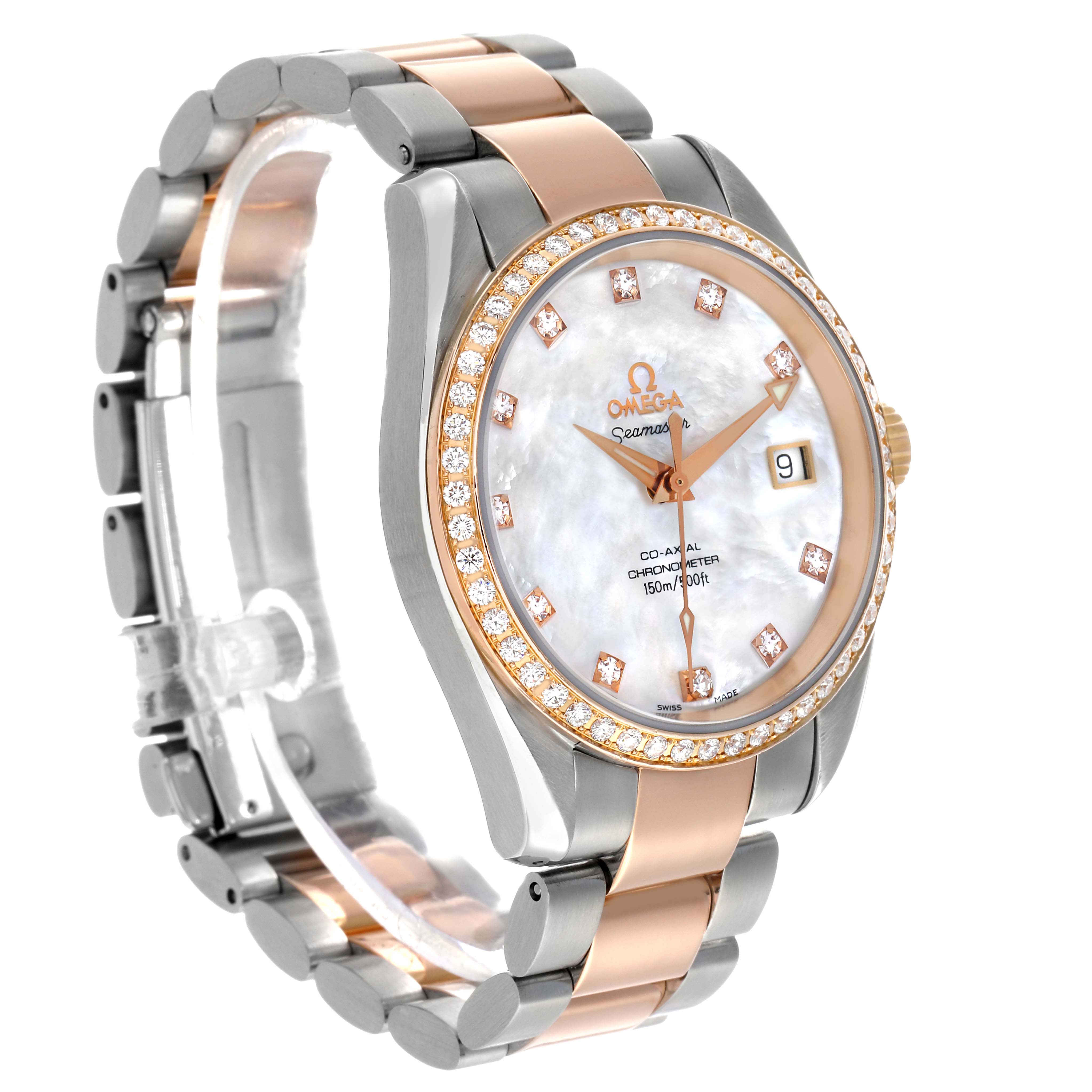 The Omega 2309.75.00 Women's Steel and Gold (two tone) Mother of Pearl Dial Aqua Terra Steel Rose Gold 2309.75.00 is shown at a tilted side angle, highlighting its bracelet and diamond-studded dial.