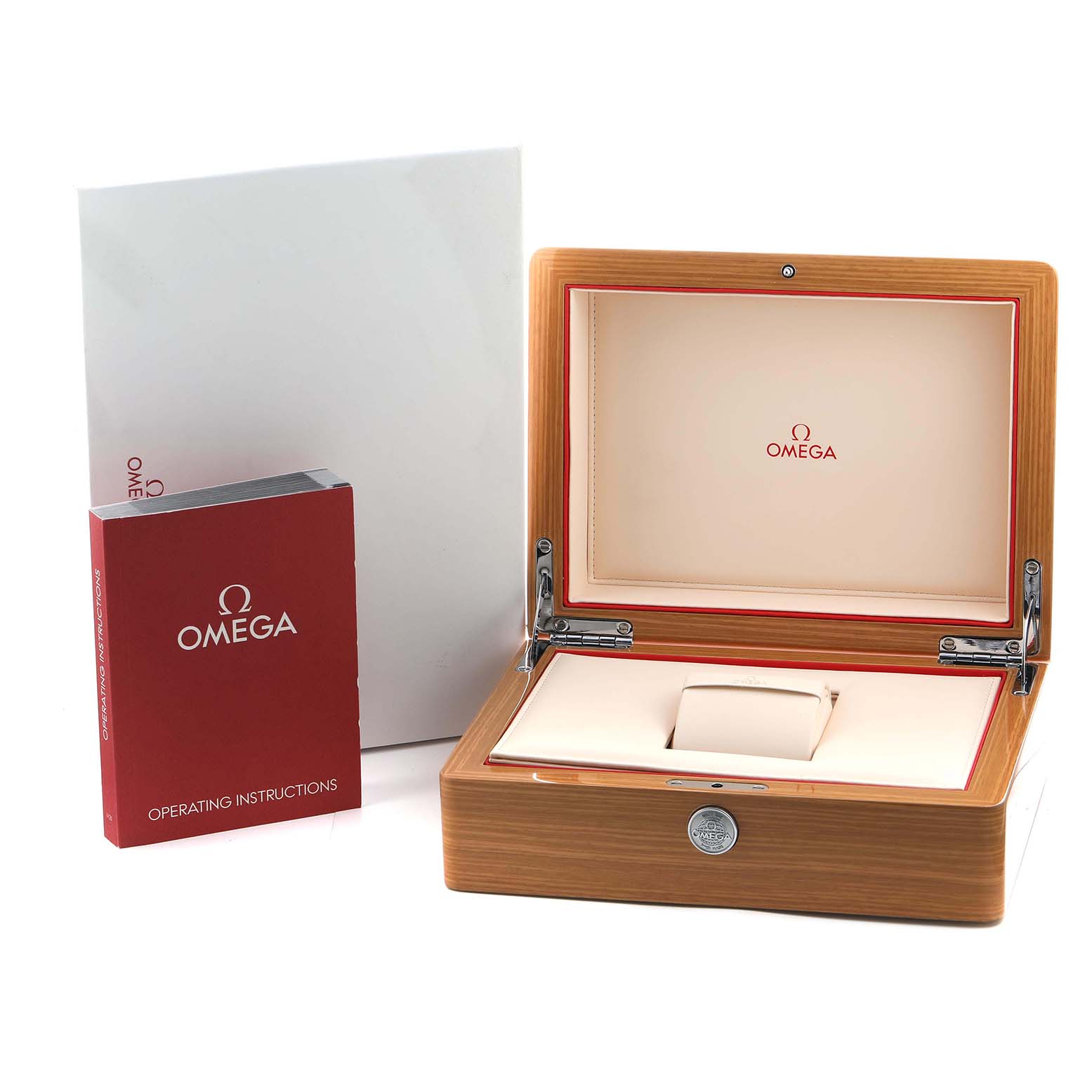 The image shows the Omega 2309.75.00 Women's Steel and Gold (two tone) Mother of Pearl Dial Aqua Terra model's packaging, including the box and operating instructions.