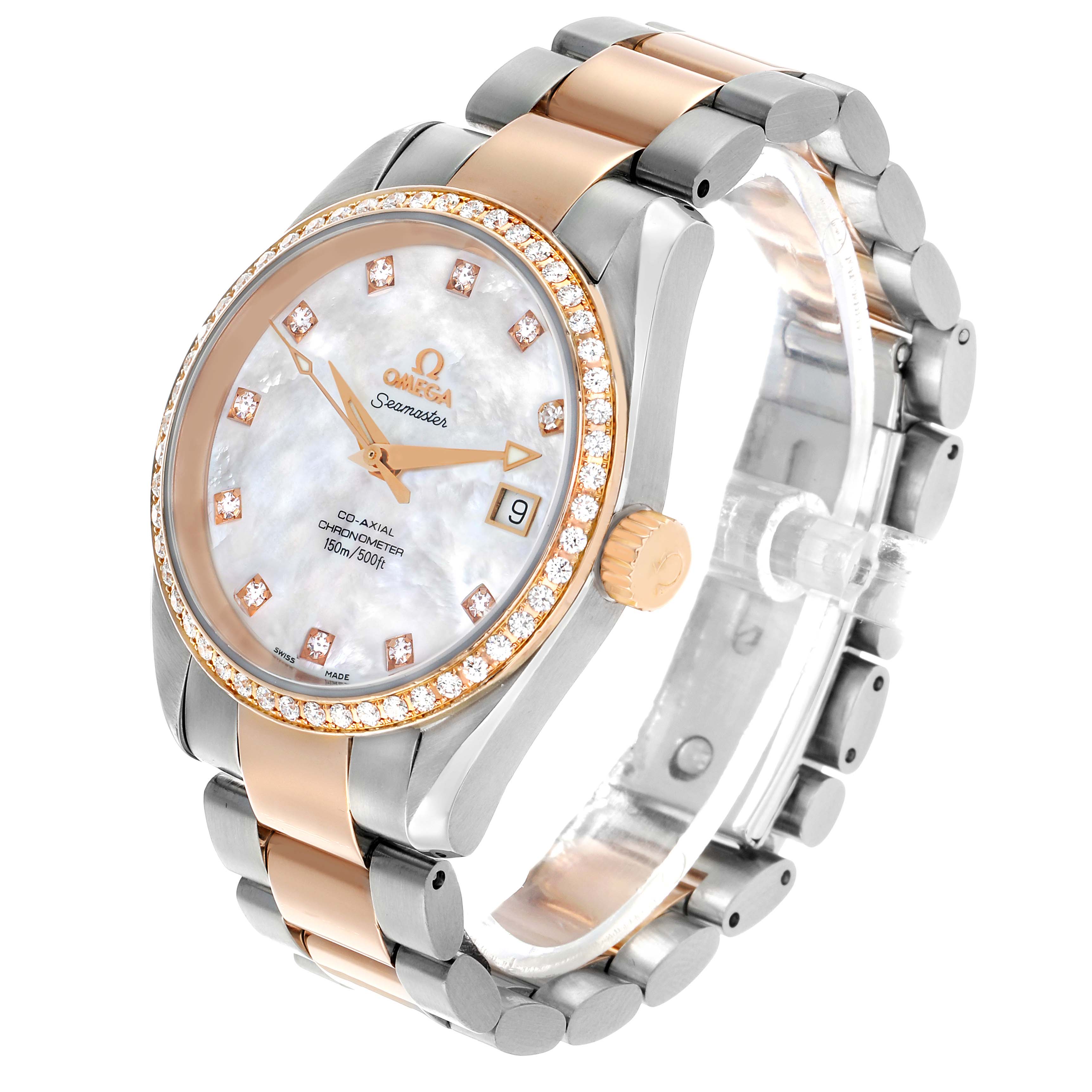 The Omega 2309.75.00 Women's Steel and Gold (two tone) Mother of Pearl Dial Aqua Terra 2309.75.00 is shown at an angle highlighting the face, rose gold bezel, and two-tone bracelet.