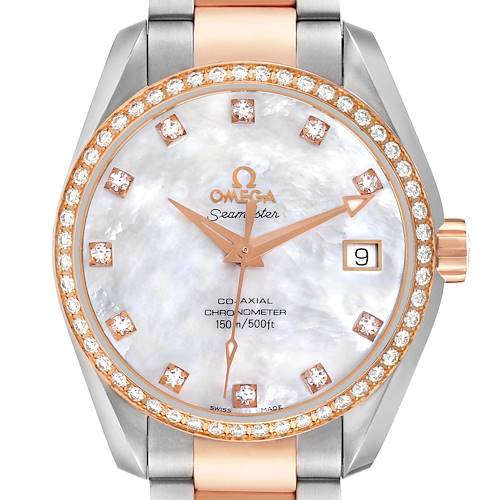 The Omega 2309.75.00 Women's Steel and Gold (two tone) Mother of Pearl Dial Aqua Terra Steel Rose Gold 2309.75.00 is shown from the front, highlighting the Mother of Pearl dial with diamond markers.