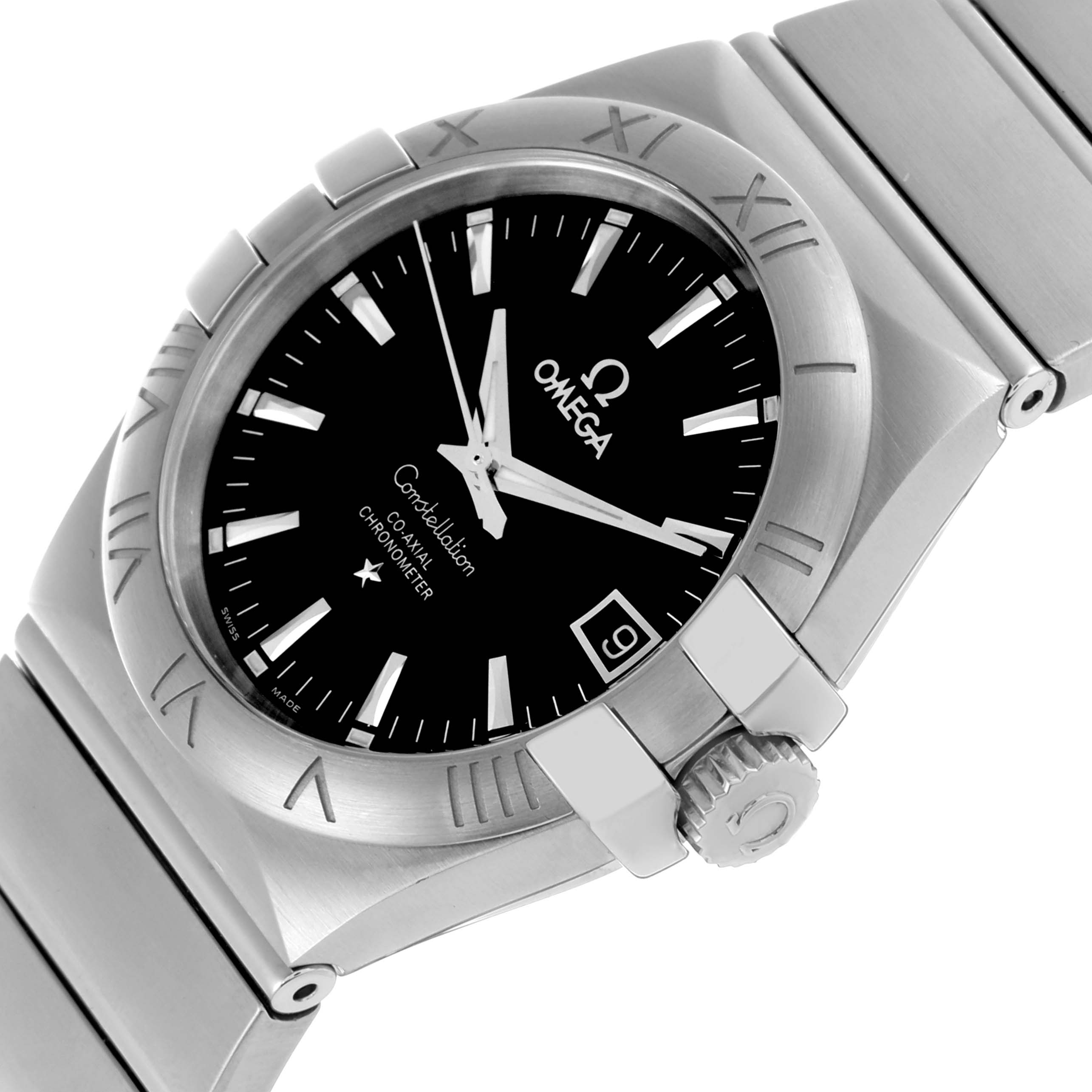 The Omega Constellation 123.10.35.20.01.001 Men's Stainless Steel Black Dial 123.10.35.20.01.001 Men's Stainless Steel Black Dial watch is shown at a tilted angle, highlighting the dial, bezel, crown, and metal bracelet.