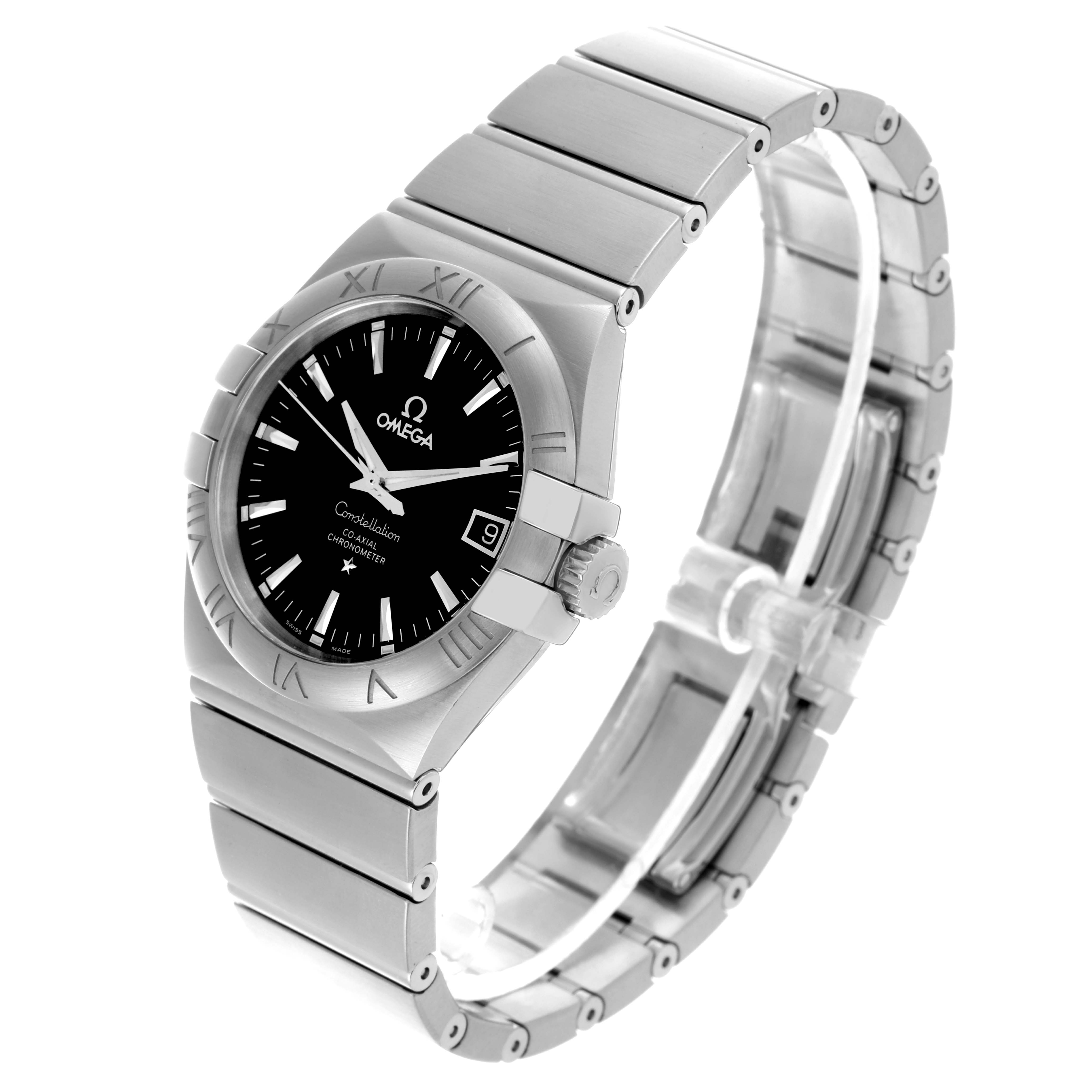 The Omega Constellation 123.10.35.20.01.001 Men's Stainless Steel Black Dial 123.10.35.20.01.001 Men's Stainless Steel Black Dial watch is shown at a slight angle, displaying its face, bezel, crown, and full bracelet.