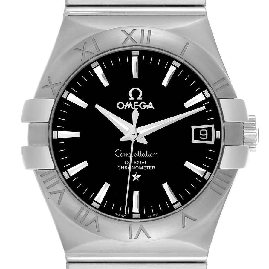 The Omega Constellation watch is shown from the front, displaying its black dial, Roman numeral bezel, hands, and date window.