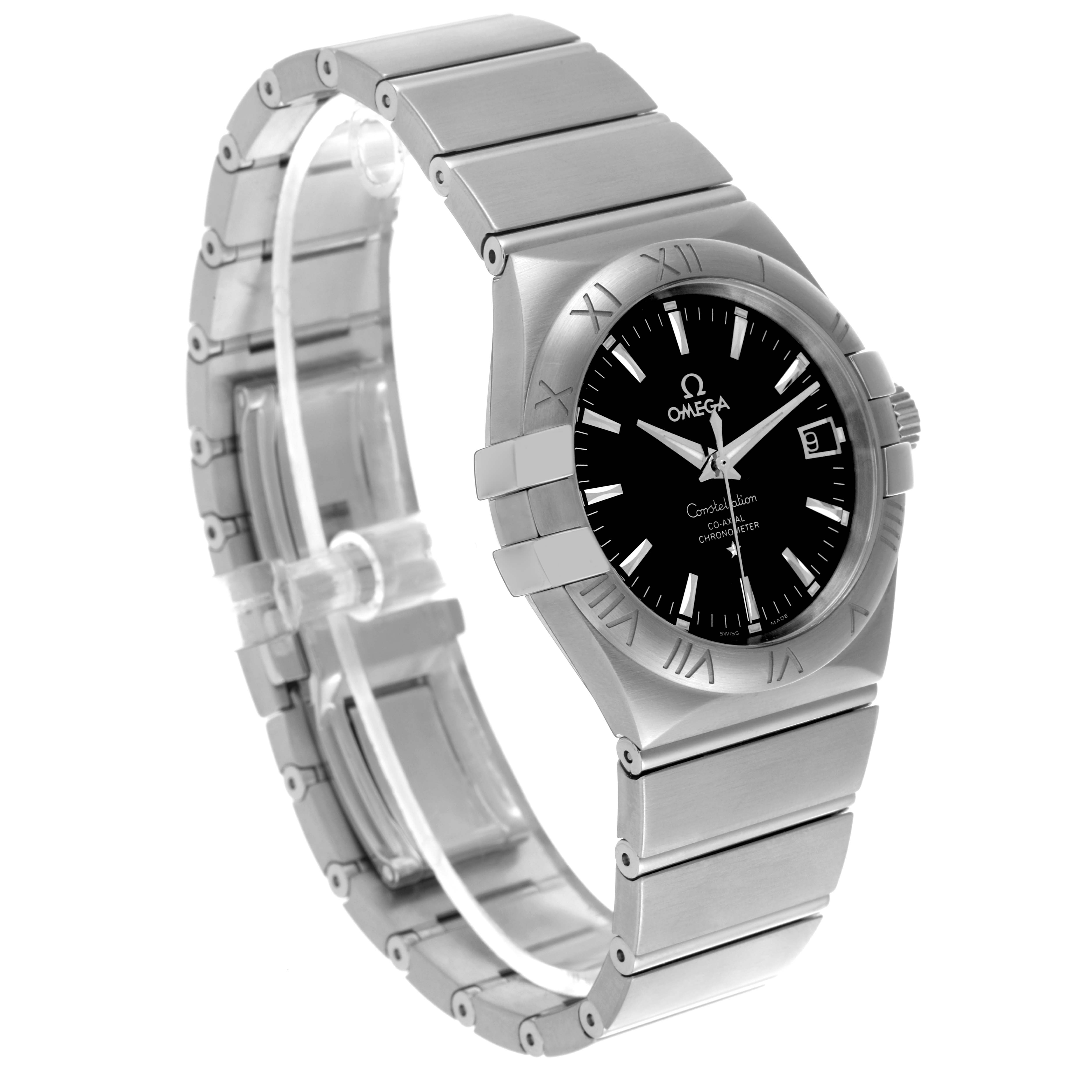 The Omega Constellation 123.10.35.20.01.001 Men's Stainless Steel Black Dial 123.10.35.20.01.001 Men's Stainless Steel Black Dial watch is angled to show the face, bezel, bracelet, and side, highlighting the Roman numeral bezel and black dial.