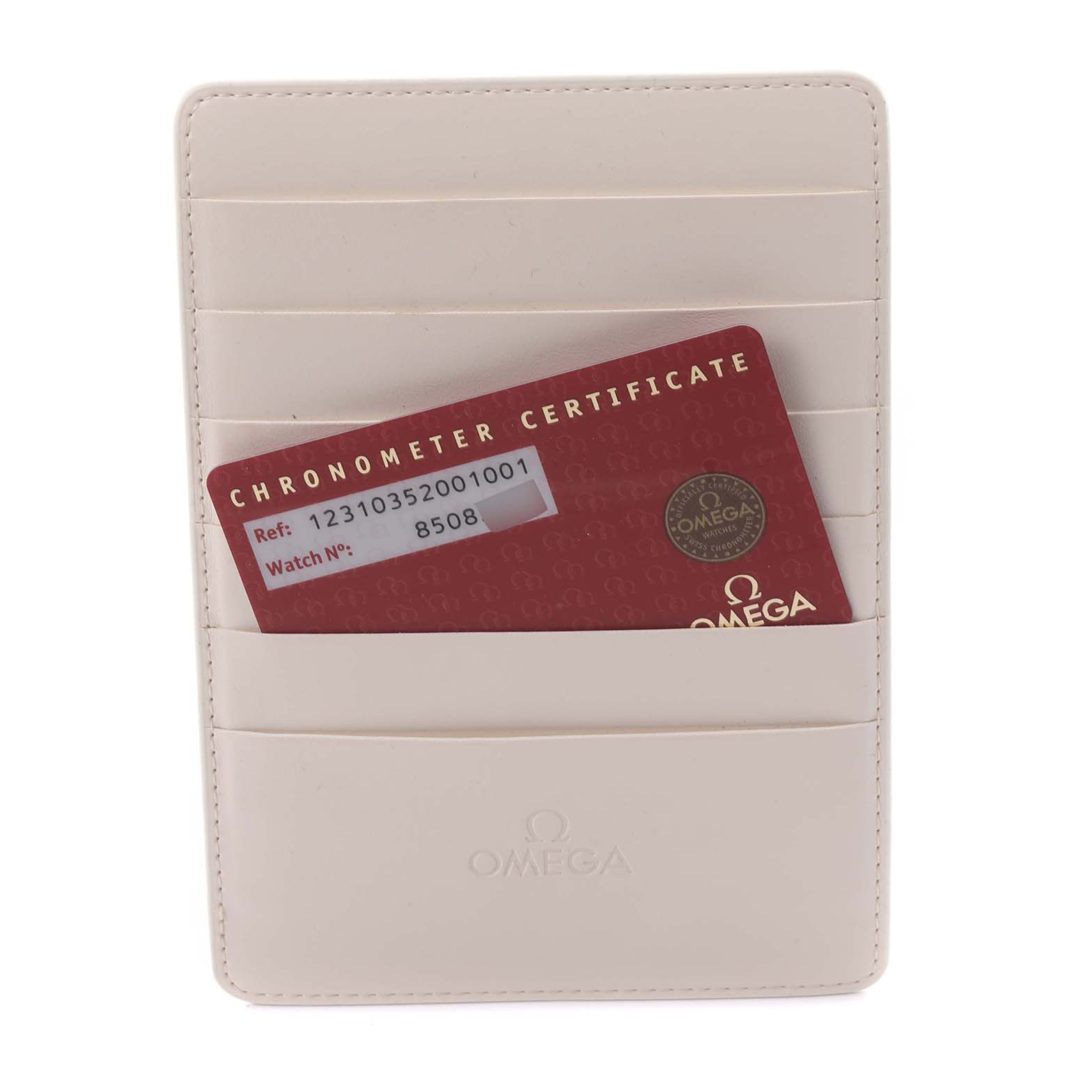 The image shows a leather card holder and a chronometer certificate for an Omega Constellation 123.10.35.20.01.001 Men's Stainless Steel Black Dial 123.10.35.20.01.001 Men's Stainless Steel Black Dial watch.