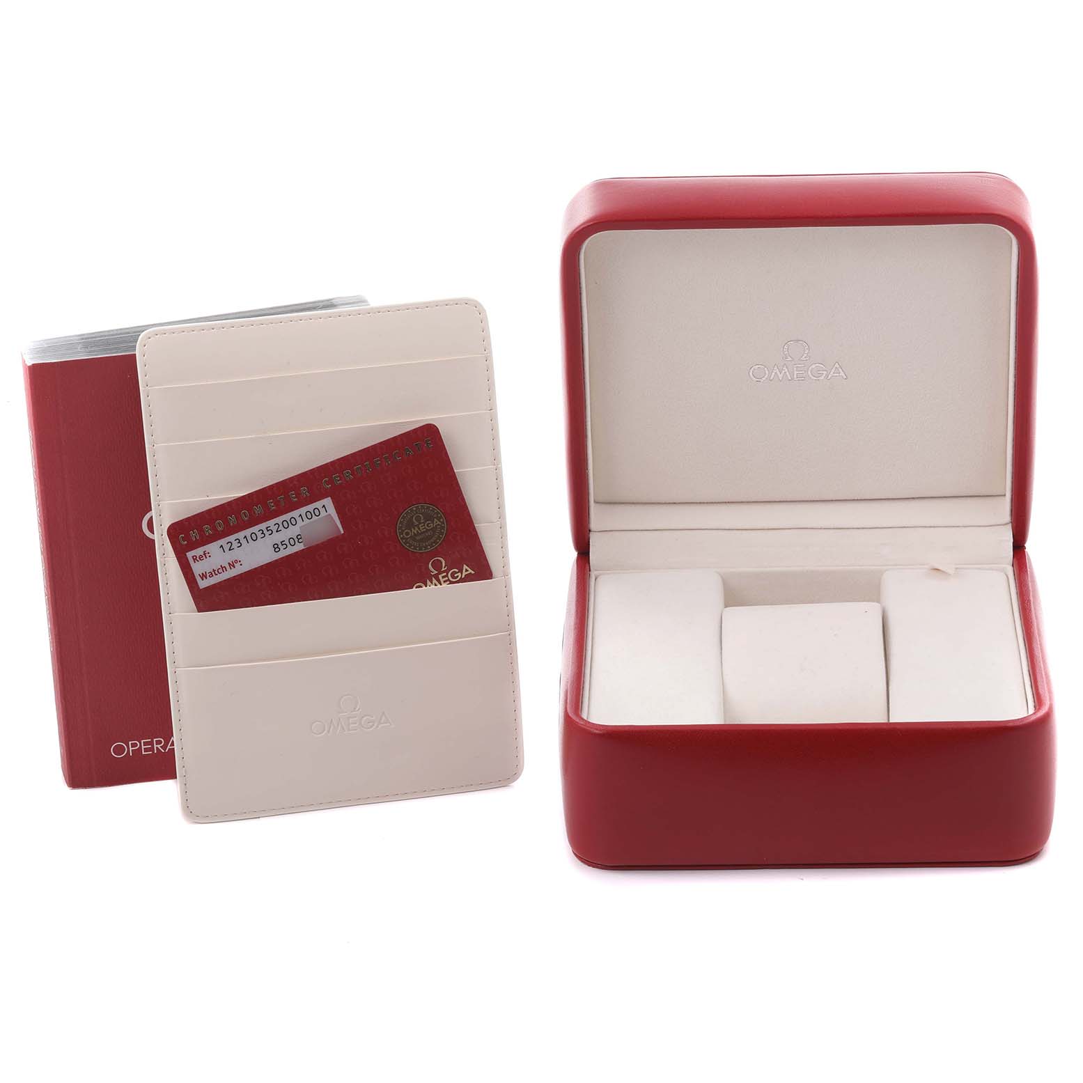 The image shows the Omega Constellation 123.10.35.20.01.001 Men's Stainless Steel Black Dial 123.10.35.20.01.001 Men's Stainless Steel Black Dial watch's red box, a certificate card, and a booklet.