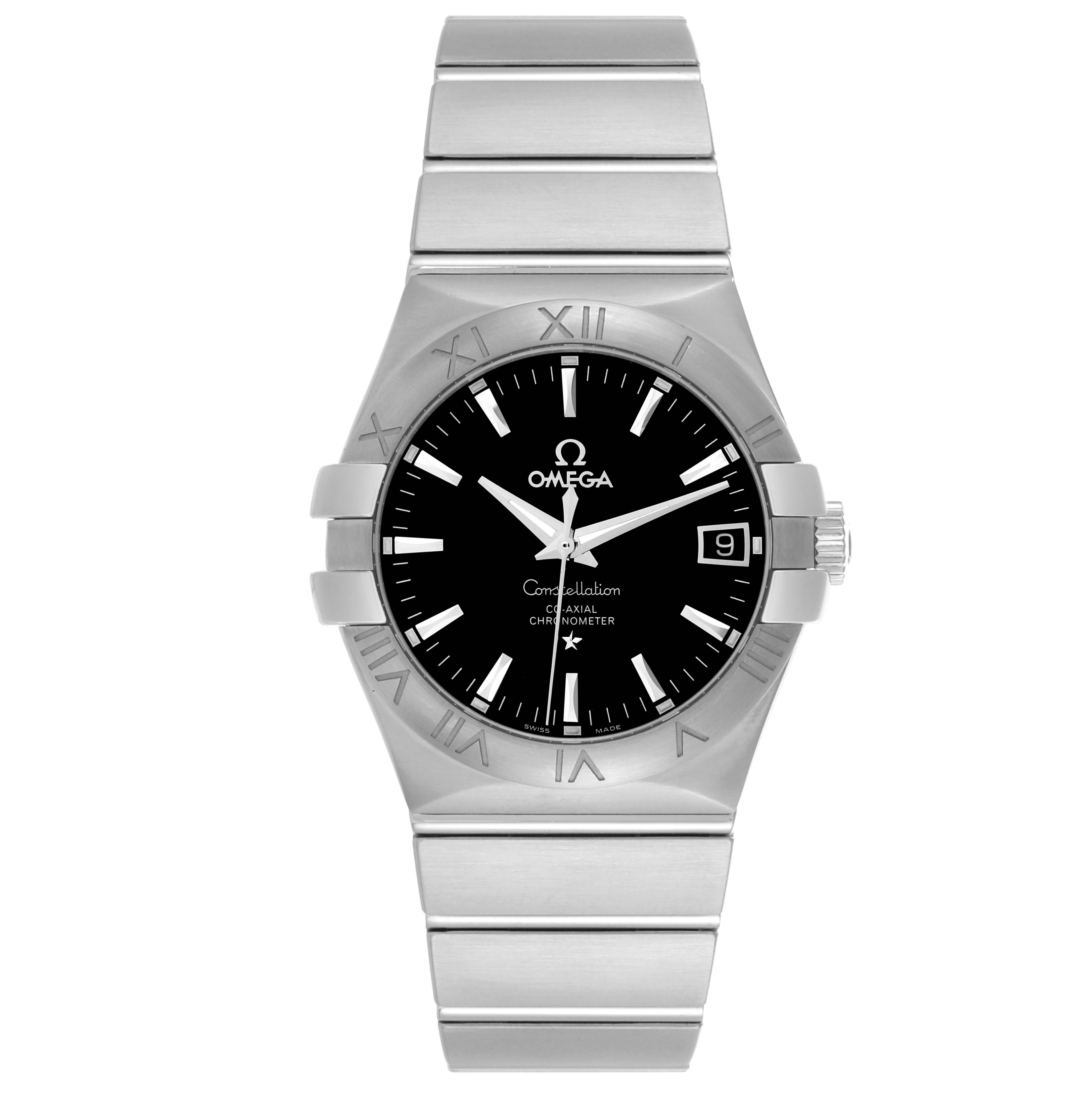 The Omega Constellation 123.10.35.20.01.001 Men's Stainless Steel Black Dial 123.10.35.20.01.001 Men's Stainless Steel Black Dial watch is shown from a front angle, displaying its dial, bezel, and bracelet.